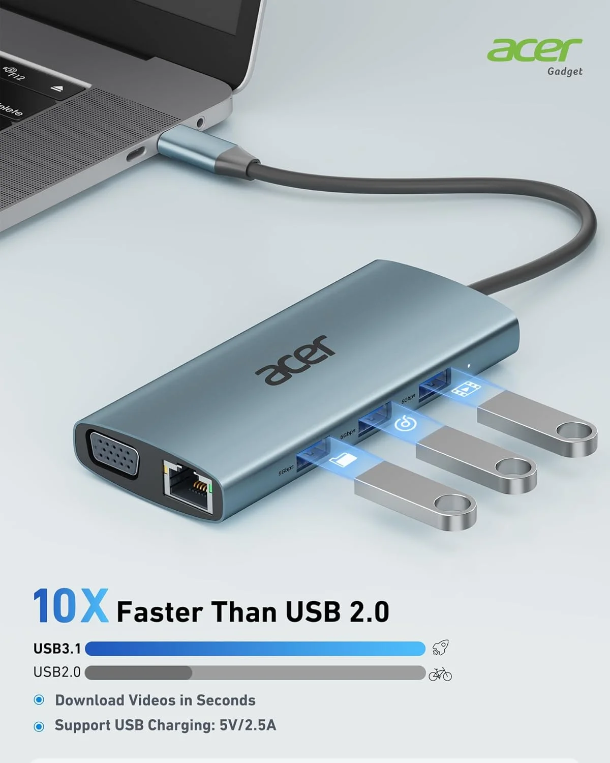 هاب USB C ایسر [9 در 1] آداپتور چند پورت USB C به HDMI 4K با VGA 1080P، شبکه گیگابیتی RJ45، کارت خوان SD، USB3.0، PD 100W، سازگار با مک بوک، آیفون 16 پرو/پرو مکس، لپ تاپ های Surface - خاکستری