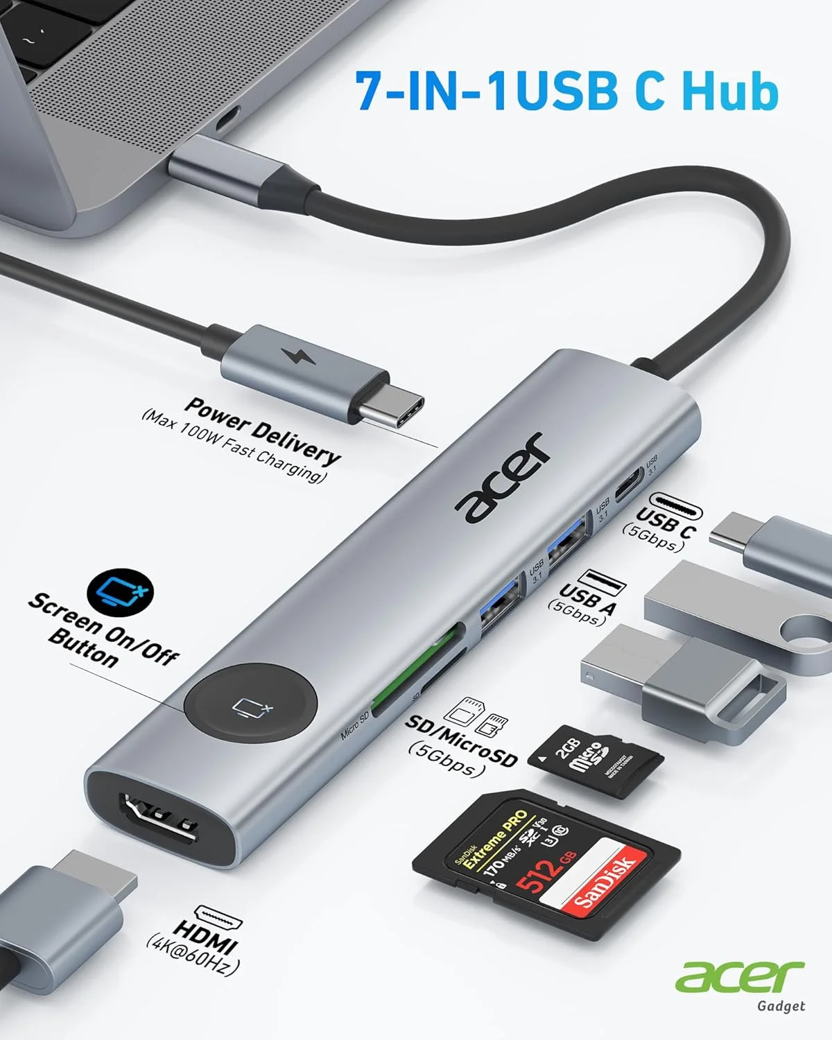 هاب USB C ایسر به HDMI 4K@60Hz [دکمه روشن/خاموش صفحه نمایش] آداپتور 7 در 1 چند پورت Type C با کارت خوان Micro SD، USB C و USB A 3.0، PD 100W، داک USB C سازگار برای iPad Pro، MacBook Pro، لپ تاپ ها
