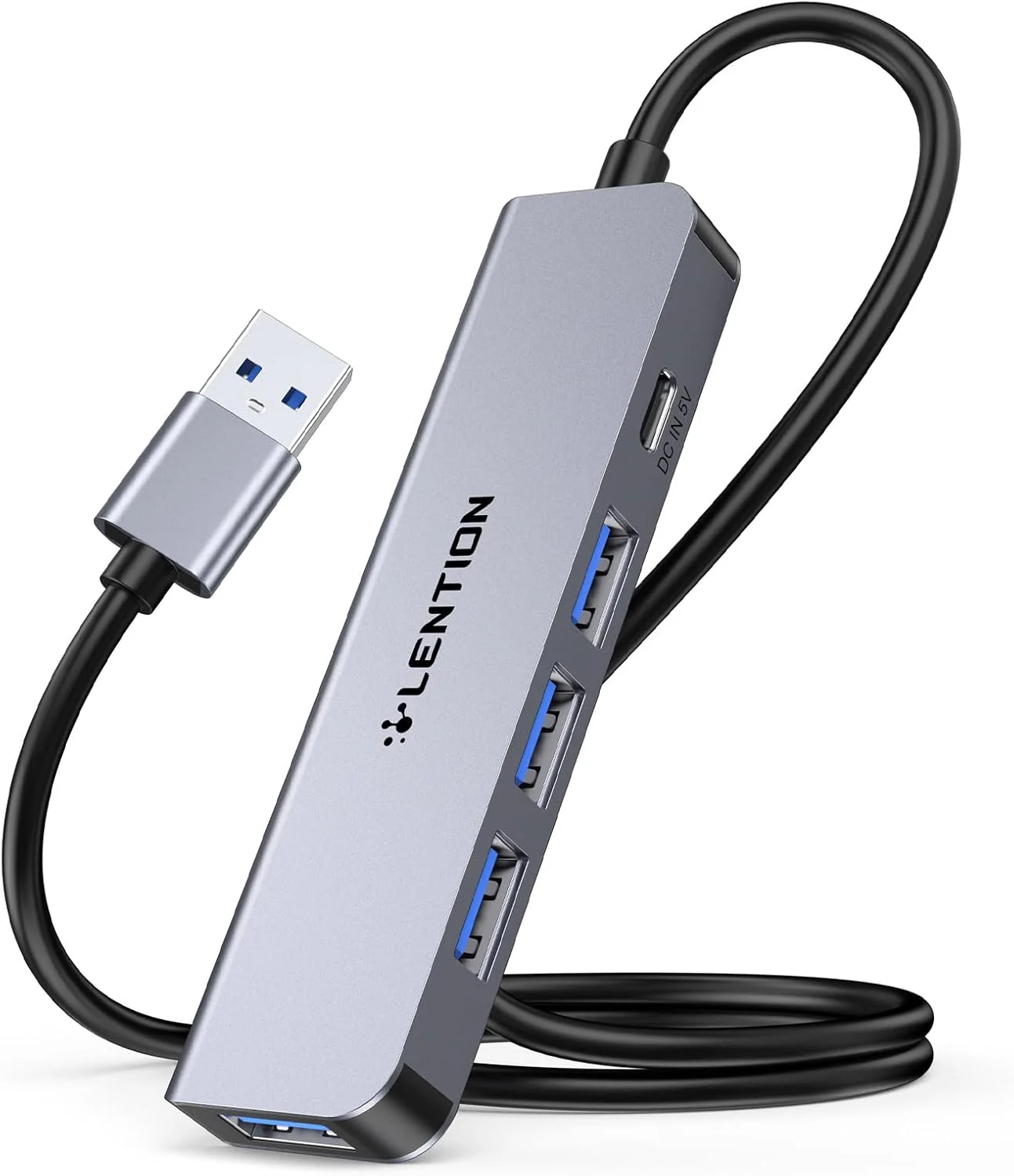 آداپتور چند پورت USB 3 با کابل بلند 60 سانتی‌متری Lention، هاب USB 3 فوق‌العاده باریک با 4 پورت USB 3.0 و پورت منبع تغذیه Type C برای لپ‌تاپ، کامپیوتر، مک‌بوک، آی‌مک، ایکس‌باکس، PS4/PS5، هارد درایو و موارد دیگر (HE32، خاکستری فضایی)
