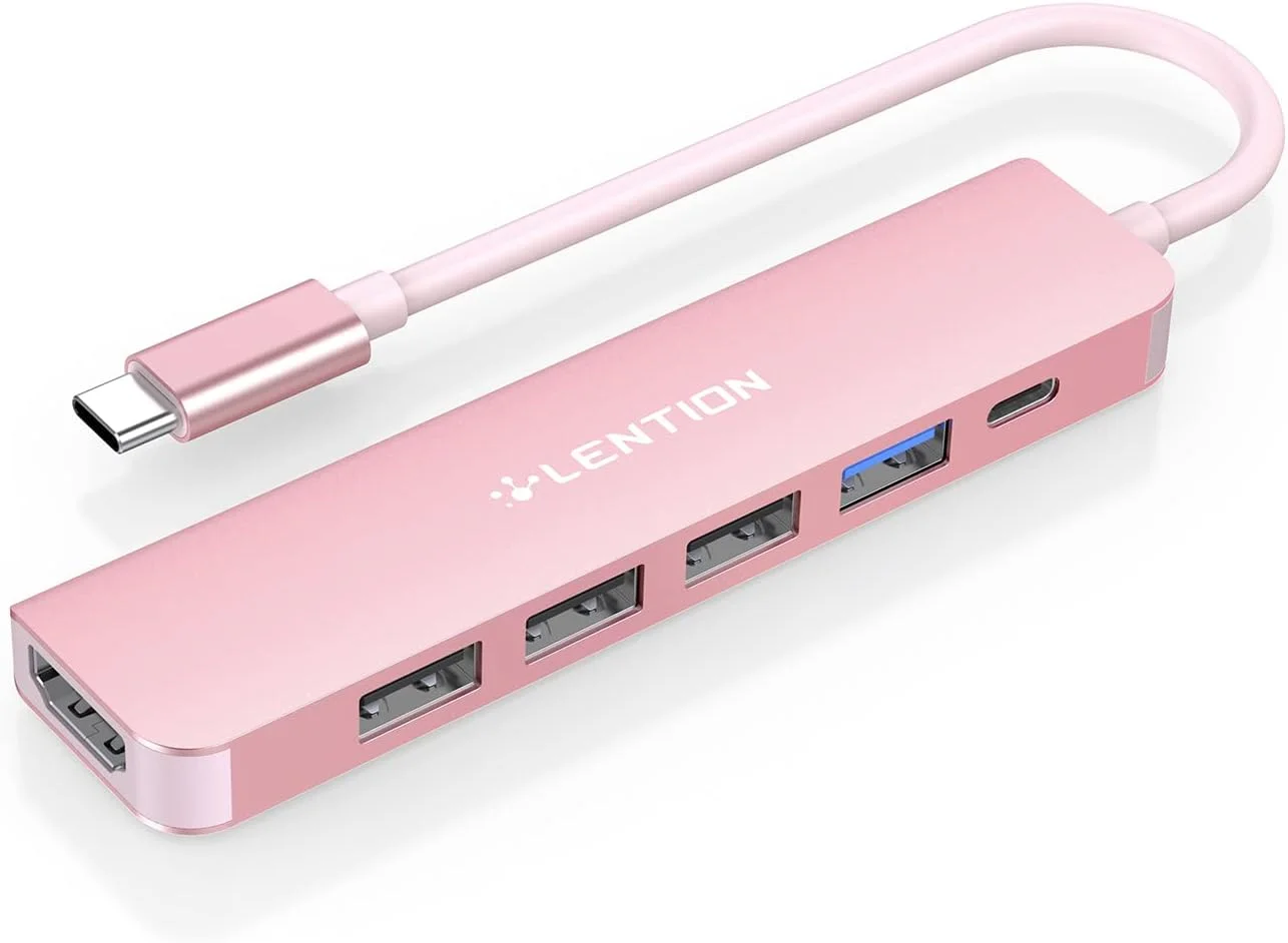 هاب USB C چند پورت LENTION با شارژ 100W PD، HDMI 4K، USB 3.0 و 2.0 سازگار با MacBook Pro 2025-2016، Mac Air/Surface جدید، Chromebook و غیره، دارای درایور پایدار (CB-CE17، رزگلد)