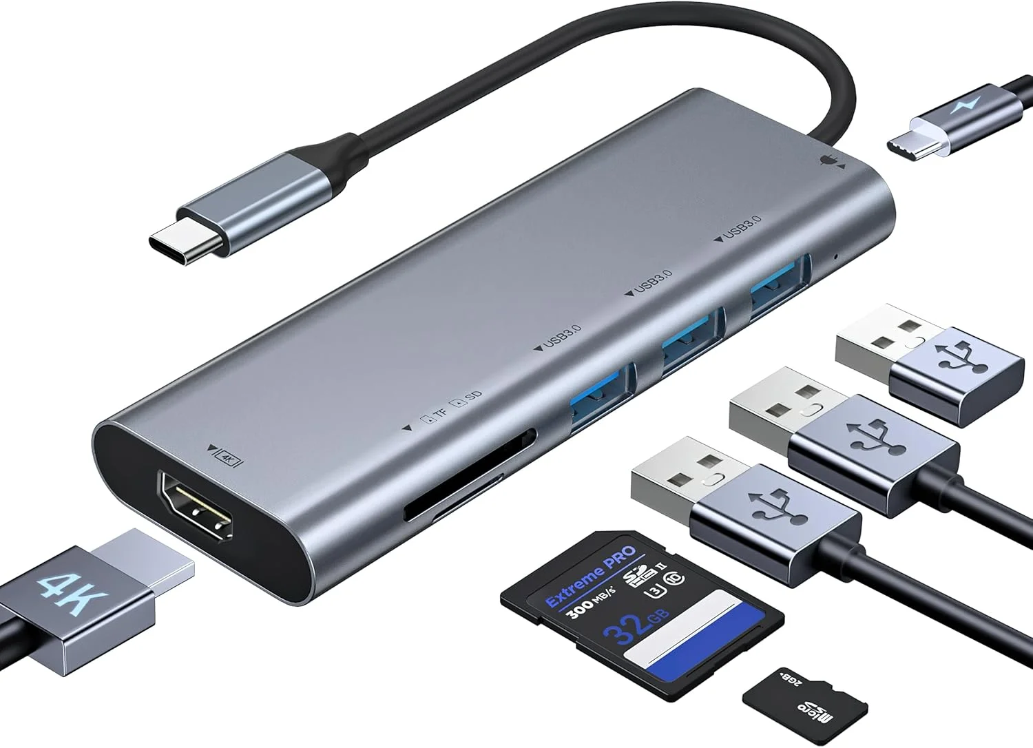 هاب USB C لارالا 7 در 1، آداپتور Type C به HDMI 4K60Hz، 3 پورت داده USB A، شارژ PD 100W، کارت خوان SD/TF، هاب آداپتور چند پورت برای MacBook Pro/Air، iPad/Air، iPhone 15 /Pro Max، HP، Dell
