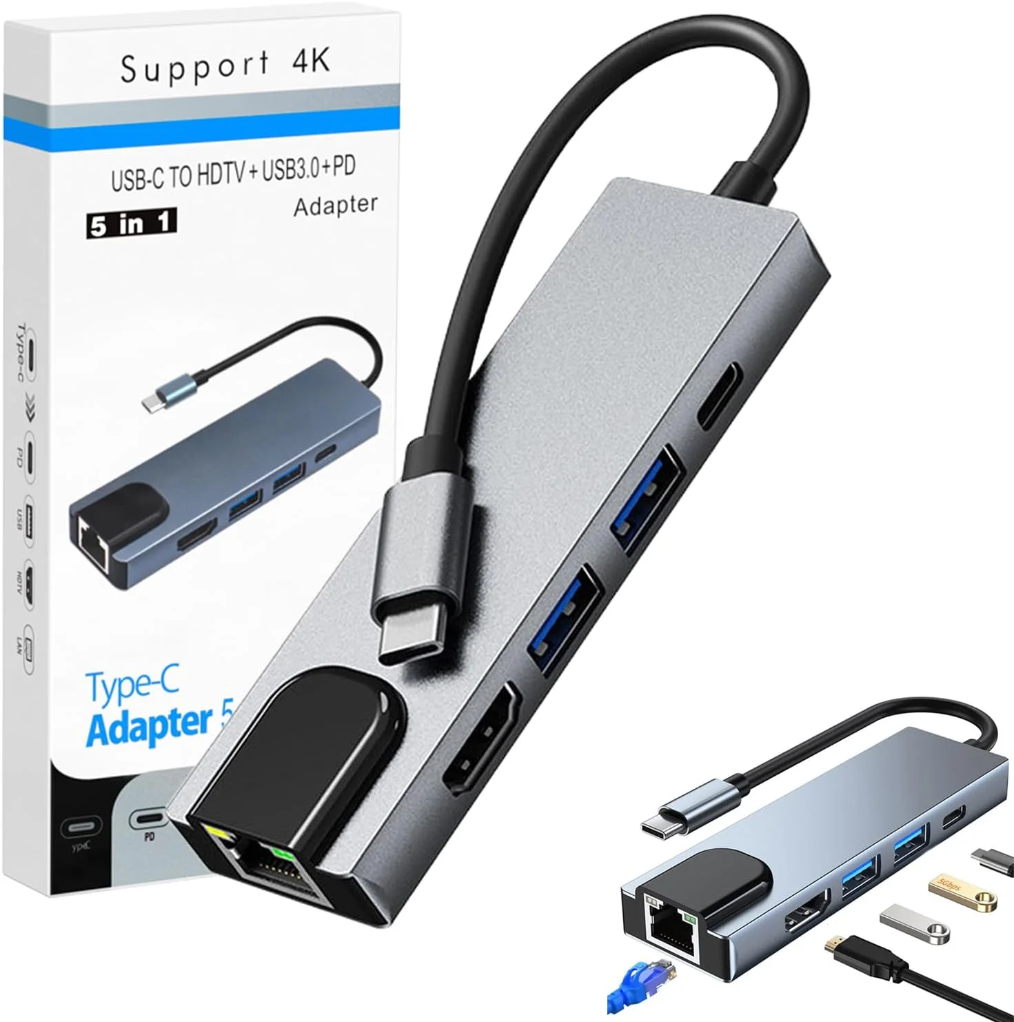 داک استیشن 5 در 1 برای لپ تاپ، آداپتور چند پورت Type C با HDMI 4K، تحویل برق 100 واتی PD، 2 پورت USB، اترنت، سازگار با iPad Pro، MacBook Pro و دستگاه های بیشتر