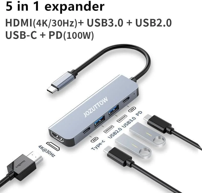هاب USB C با شارژ 100W PD، آداپتور Type C به HDMI 4K30Hz، 2 پورت داده USB-A، هاب USB C چند پورت سازگار با MacBook Pro/Air، iPad Pro/Air، HP