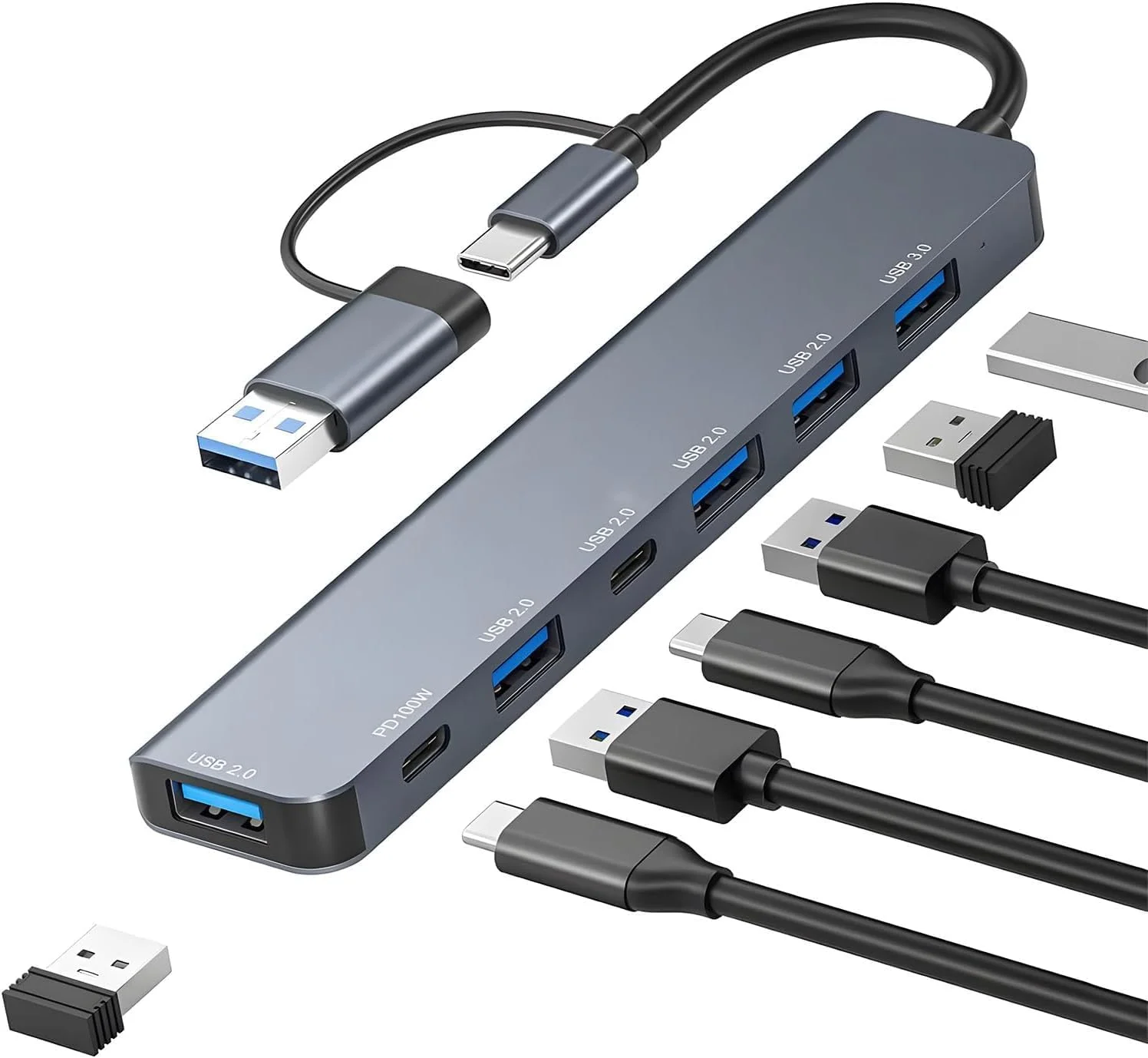 هاب چند پورت Joyzzz، هاب USB C هفت در یک با 2 پورت USB-C و 5 پورت USB-A، آداپتور آلومینیومی فوق العاده باریک برای لپ تاپ، پرینتر، ماوس و حافظه خارجی (خاکستری فضایی)