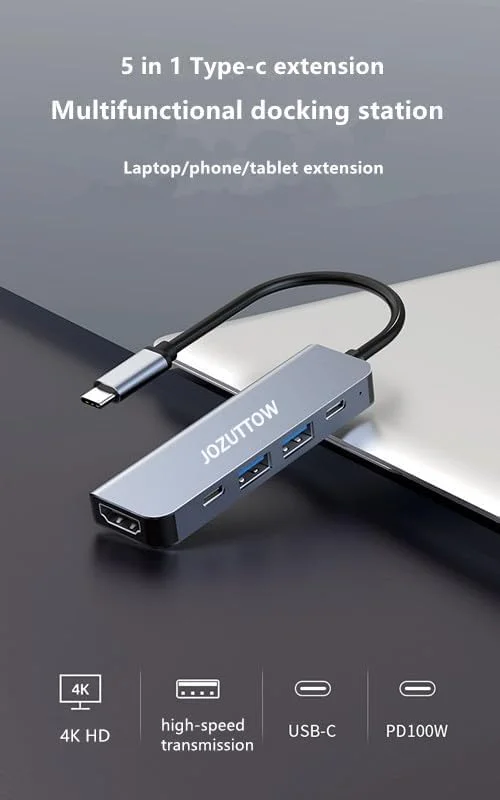 هاب USB C با شارژ 100W PD، آداپتور Type C به HDMI 4K30Hz، 2 پورت داده USB-A، هاب USB C چند پورت سازگار با MacBook Pro/Air، iPad Pro/Air، HP