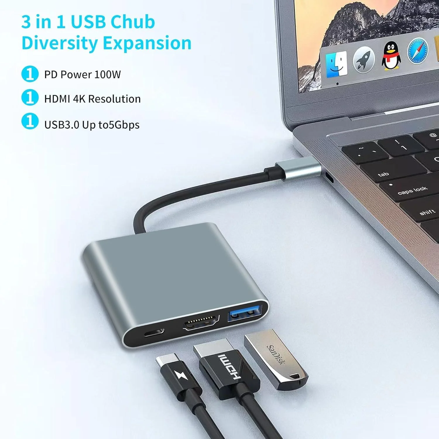 آداپتور USB C به HDMI، آداپتور 3 در 1 دیجیتال AV چند پورت USB C به HDMI، تبدیل کننده USB Type C به 4K HDMI، USB 3.0، 100W PD سازگار برای MacBook Pro Air iPad Chromebook XPS Acer HP Dell Surface Samsung