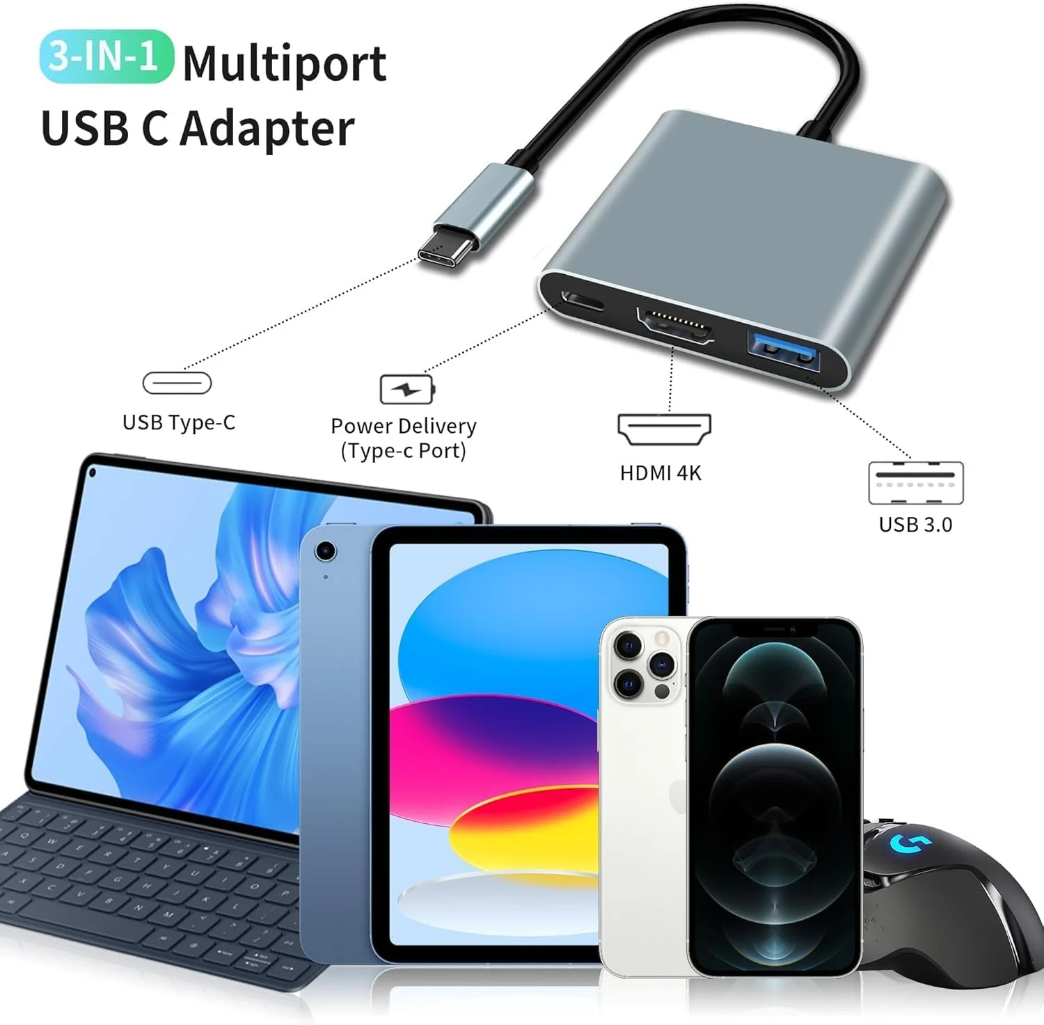 آداپتور USB C به HDMI، آداپتور 3 در 1 دیجیتال AV چند پورت USB C به HDMI، تبدیل کننده USB Type C به 4K HDMI، USB 3.0، 100W PD سازگار برای MacBook Pro Air iPad Chromebook XPS Acer HP Dell Surface Samsung