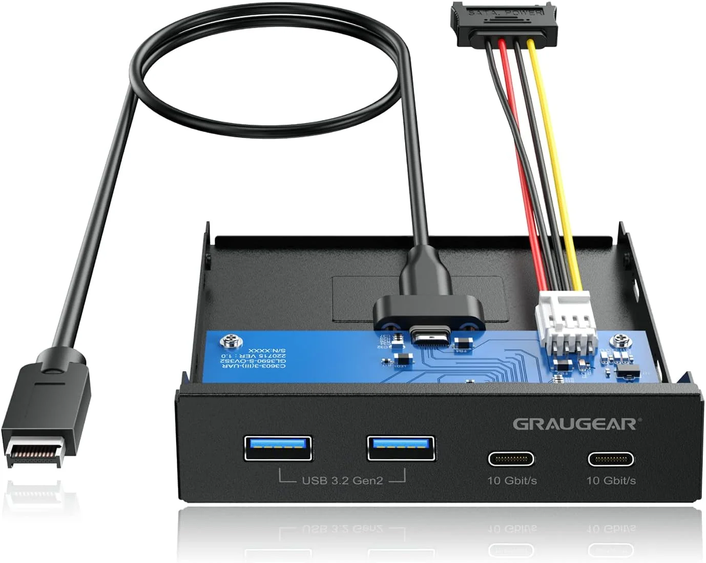 پنل جلویی GRAUGEAR با 4 پورت 10 گیگابیت بر ثانیه، 2 پورت USB-C + 2 پورت USB-A USB3.2 Gen2، پنل جلویی برای اسلات 3.5 اینچی، هدر 20 پین USB3.2 Gen2 key A، فلزی، G-MP02
