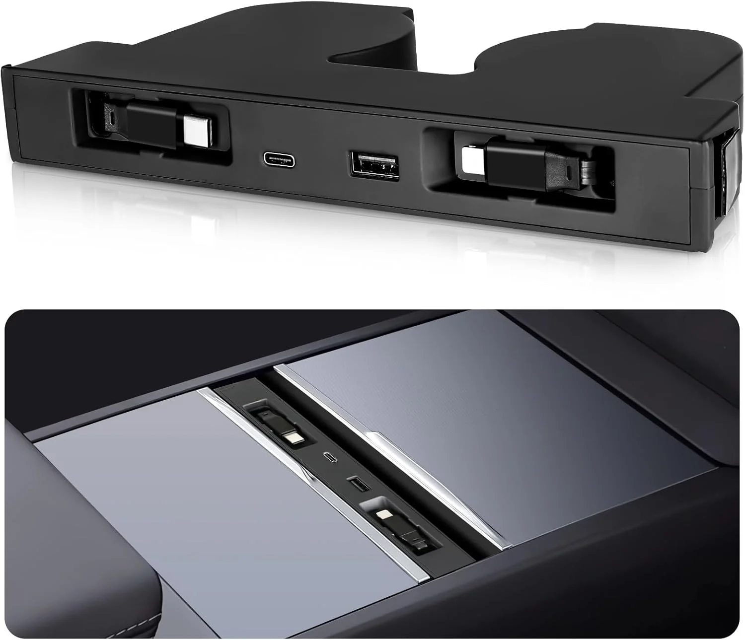 هاب USB برای تسلا مدل Y Juniper 2025 2026 و مدل 3 Highland 2024 2025 با طراحی فرورفته، شارژر سریع 99 واتی 4 در 1 با پورت های متعدد به همراه داک استیشن کابل جمع شونده مناسب برای آداپتور کنسول مرکزی