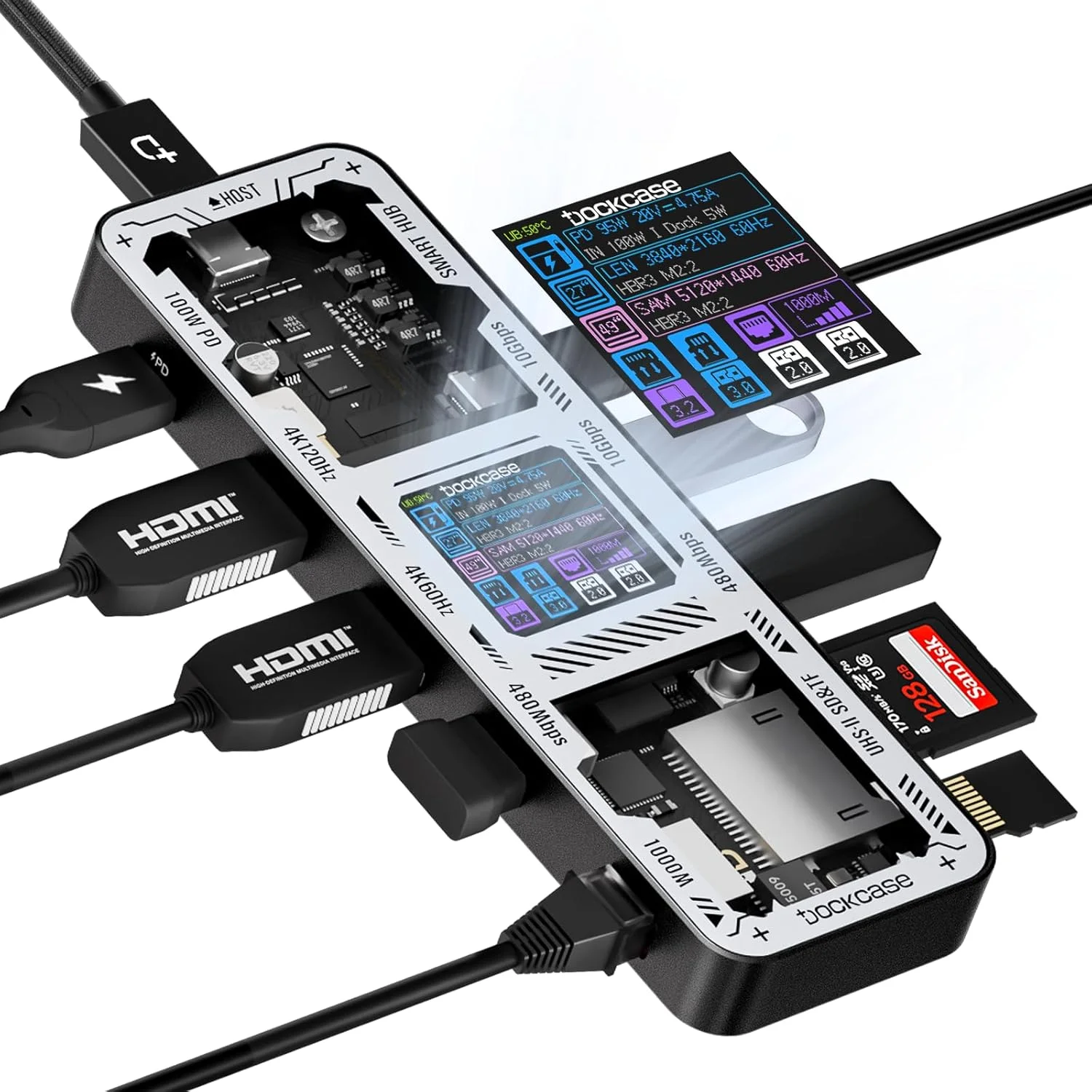 داک‌استیشن هوشمند USB C هاب 10 در 1 پرو، دارای دو پورت HDMI 2.1 و 2.0 با رزولوشن 4K@60Hz، شارژ سریع PD 3.0 100w، پورت اترنت RJ45، دو پورت USB 3.2 با سرعت 10Gbps، دو پورت USB 2.0، کارت‌خوان UHS-II SD/TF، داک USB C برای MacBook Pro/Air، Dell XPS