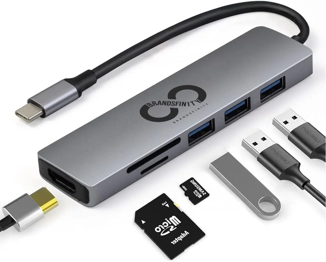 هاب USB C شش در یک BRANDSFINITY، آداپتور چند پورت با HDMI 4K، 3 پورت USB 3.0، کارت خوان SD/Micro SD، انتقال سریع داده، سازگار با MacBook Pro، XPS و غیره