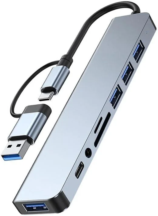 هاب 8 پورت USB3.0 و USB-C با Type-C، USB3.0، 3 پورت USB2.0، کارت خوان SD/TF و خروجی صدای 3.5 میلی متری سازگار با مک بوک پرو و سایر دستگاه های USB/Type C
