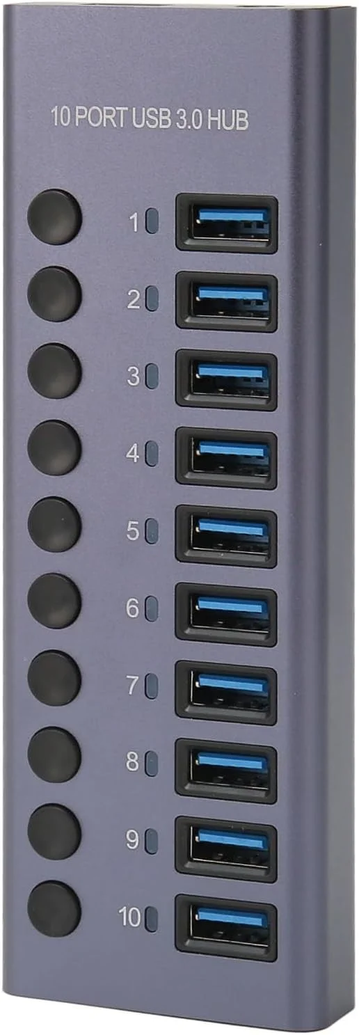 هاب USB 3.0 با 10 پورت، هاب USB با منبع تغذیه 60 واتی برای لپ‌تاپ، هاب شارژ USB با سوئیچ‌های جداگانه، نشانگر LED، توسعه دهنده اسپلیتر هاب USB برای لپ‌تاپ، کامپیوتر (پلاگین UK)
