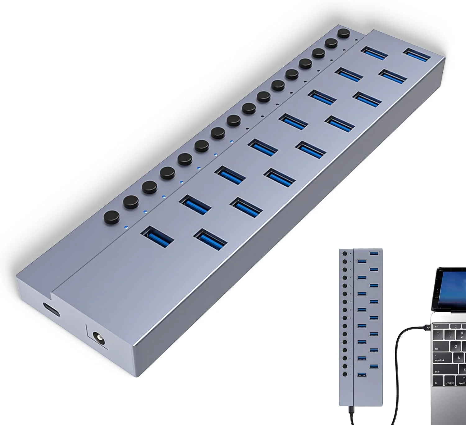 هاب 16 پورت USB 3.0 Bewinner، هاب USB آلیاژ آلومینیوم صنعتی با سرعت بالا با سوئیچ های برق جداگانه، برای OS X، UNIX (دوشاخه UK)