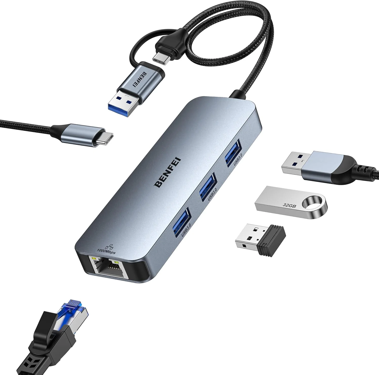 آداپتور USB-C USB 3.0 به گیگابیت اترنت BENFEI، هاب 3 پورت USB 3.0 با RJ45 سازگار با MacBook Pro/Air 2023، iPad Pro، iMac، S23، XPS 17، Surface Book 3 و غیره
