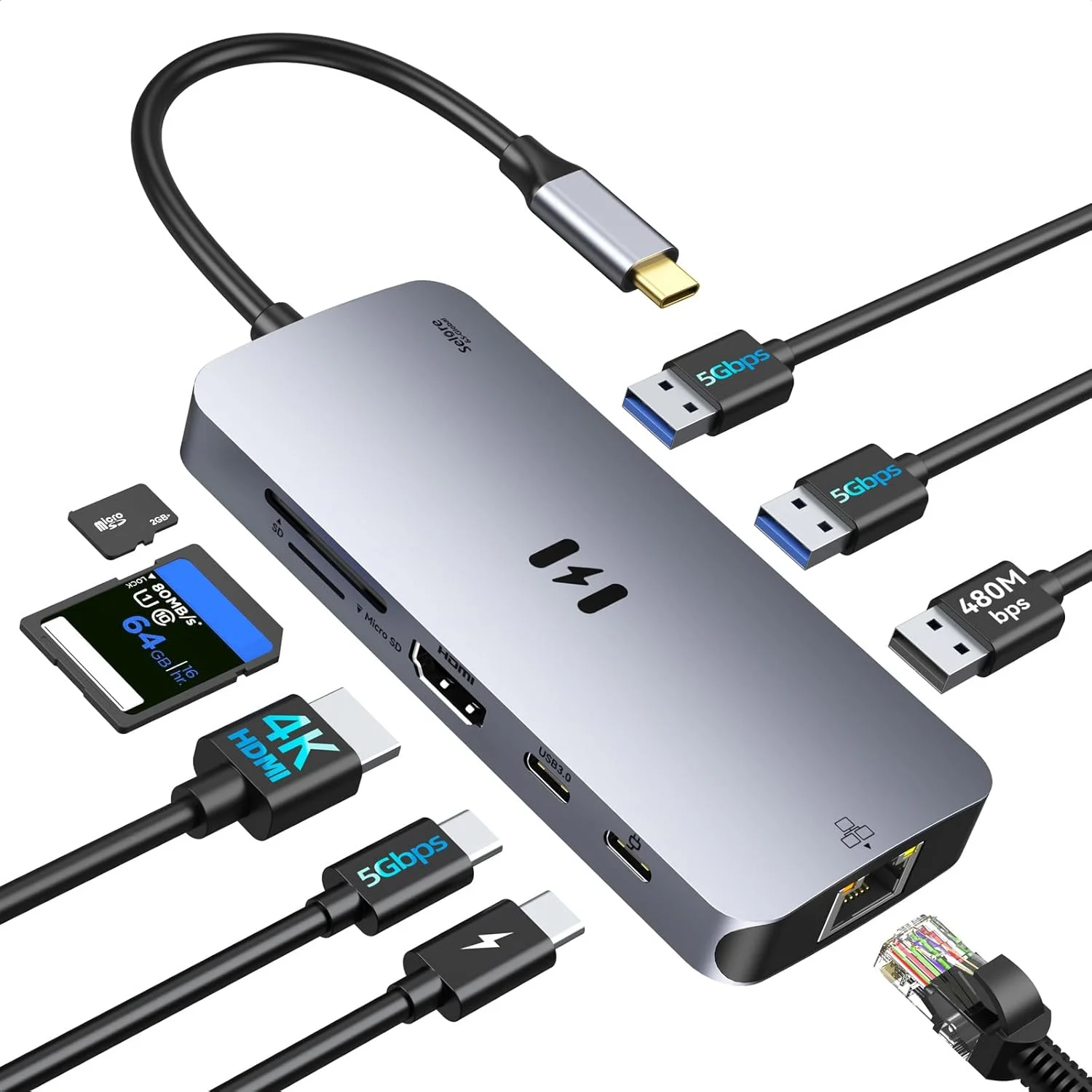آداپتور USB C نه در یک برای مک‌بوک پرو/ایر، دانگل مک با 3 پورت USB، هاب مک‌بوک به HDMI، اترنت RJ45، شارژ 100W PD، کارت‌خوان USB C به SD/TF سازگار با مک‌بوک/دل XPS، لنوو