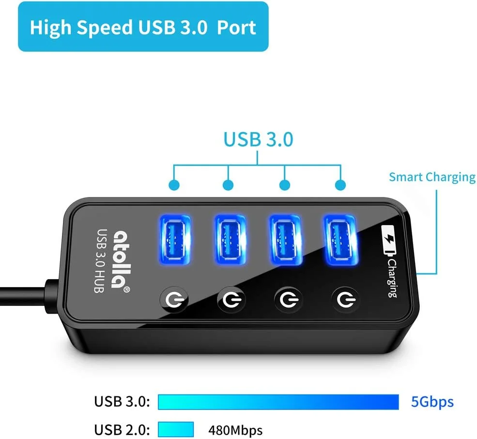 هاب USB 3.0 آتولا، 4 پورت انتقال داده پرسرعت و 1 پورت شارژ هوشمند، دارای کلیدهای روشن/خاموش جداگانه، سازگار با ویندوز، مک، لینوکس