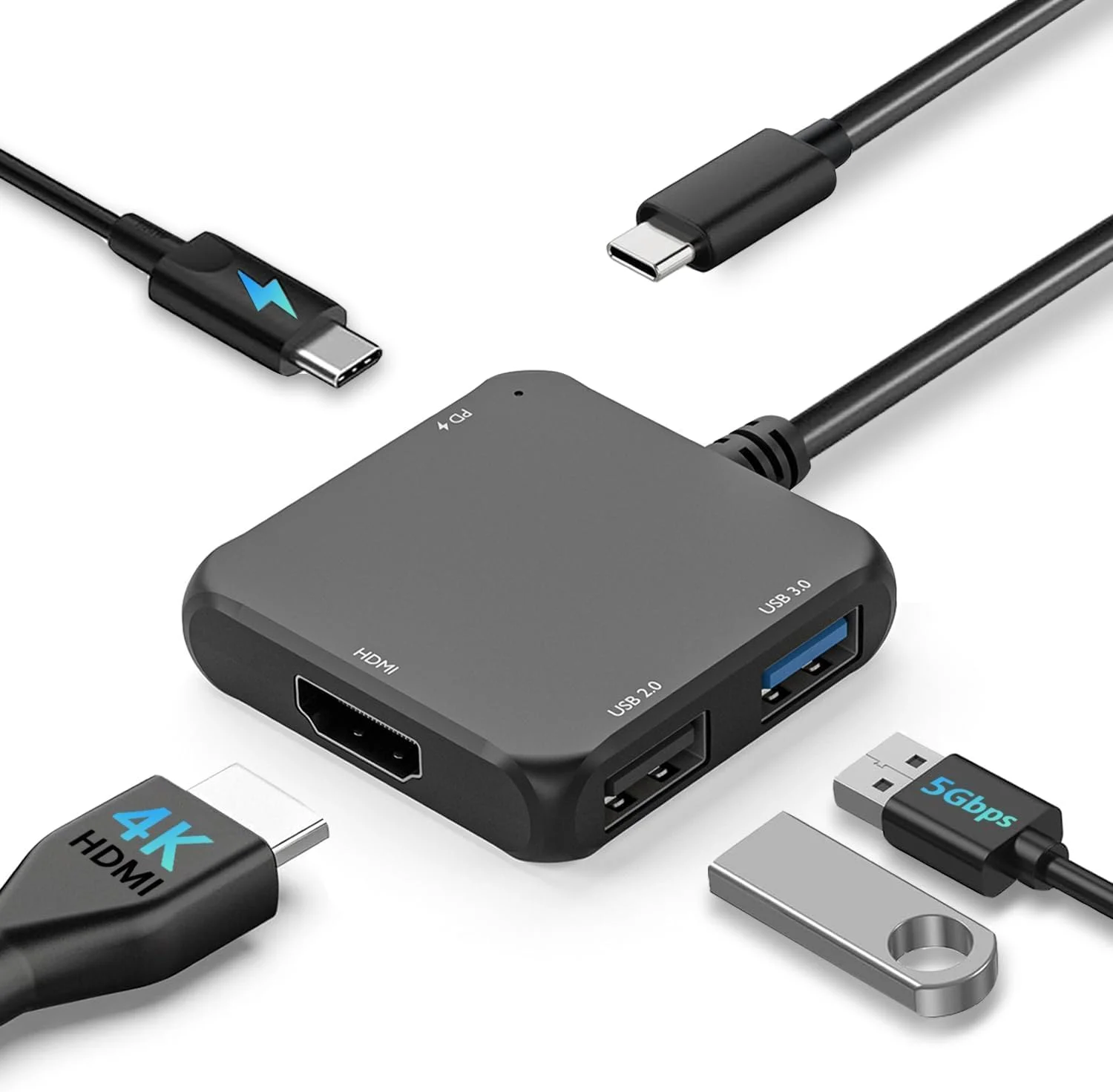آداپتور هاب USB C به HDMI 4 در 1، آداپتور چند پورت Type-C به HDMI 4K با شارژ 100 واتی PD، USB 3.0 5 گیگابیت بر ثانیه برای مک بوک، آیپد پرو، XPS، سرفیس، سوییچ، استیم دک، ایستگاه داک تلویزیون