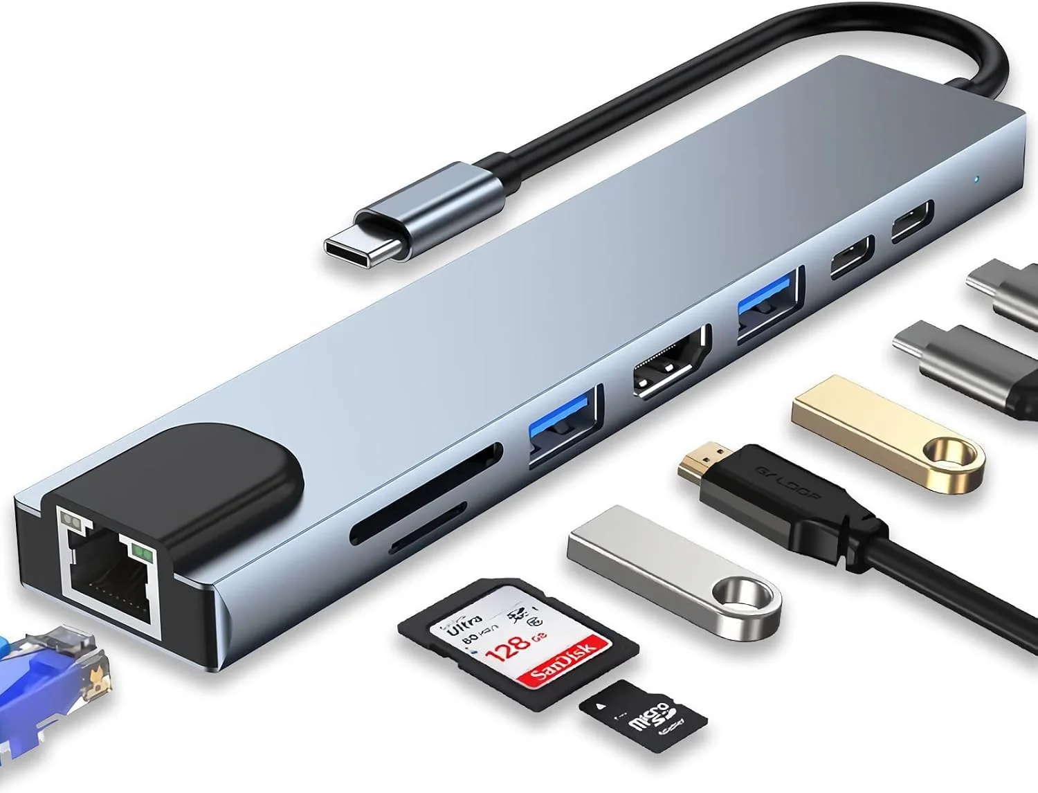 هاب USB C، آداپتور USB C هشت در یک با HDMI 4K، پورت USB C، USB 3.0، اترنت RJ45، کارت خوان SD/TF، داک استیشن سازگار با لپ تاپ های MacBook Pro/Air USB C و سایر دستگاه های Type C