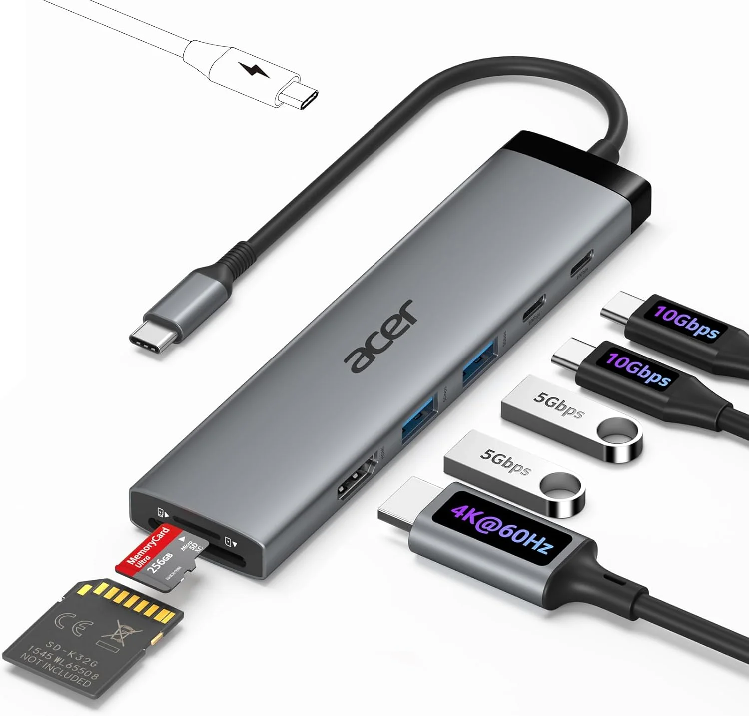 هاب USB C ایسر 8 در 1، آداپتور USB C به HDMI 4K@60Hz، داک استیشن 10 گیگابیت بر ثانیه با 2 پورت USB-C 3.2 و 2 پورت USB-A 3.0، کارت خوان SD/TF، PD 100W، آداپتور چند پورت برای لپ تاپ، کامپیوتر و آیپد پرو