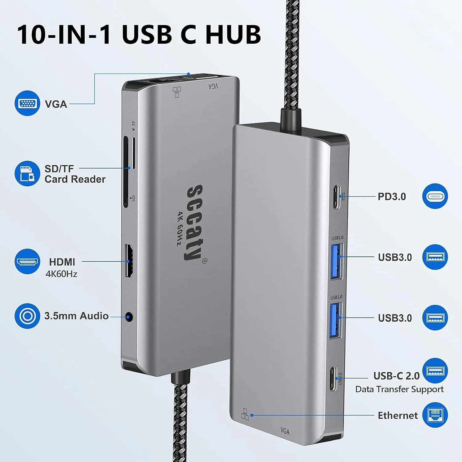 هاب USB C ده در یک با پورت HDMI 4K@60Hz، پورت اترنت 1000 مگابیت بر ثانیه، شارژ PD 100 واتی، پورت VGA، پورت صوتی 3.5 میلی متری، کارت خوان SD 3.0 و TF 3.0، هاب USB-C، 2*پورت USB 3.0 برای لپ تاپ USB-C و دستگاه Type C هاب USB C ده در یک با پورت HDMI 4K@60Hz، پورت اترنت 1000 مگابیت بر ثانیه، شارژ PD 100 واتی، پورت VGA، پورت صوتی 3.5 میلی متری، کارت خوان SD 3.0 و TF 3.0، هاب USB-C، 2*پورت USB 3.0 برای لپ تاپ USB-C و دستگاه Type C