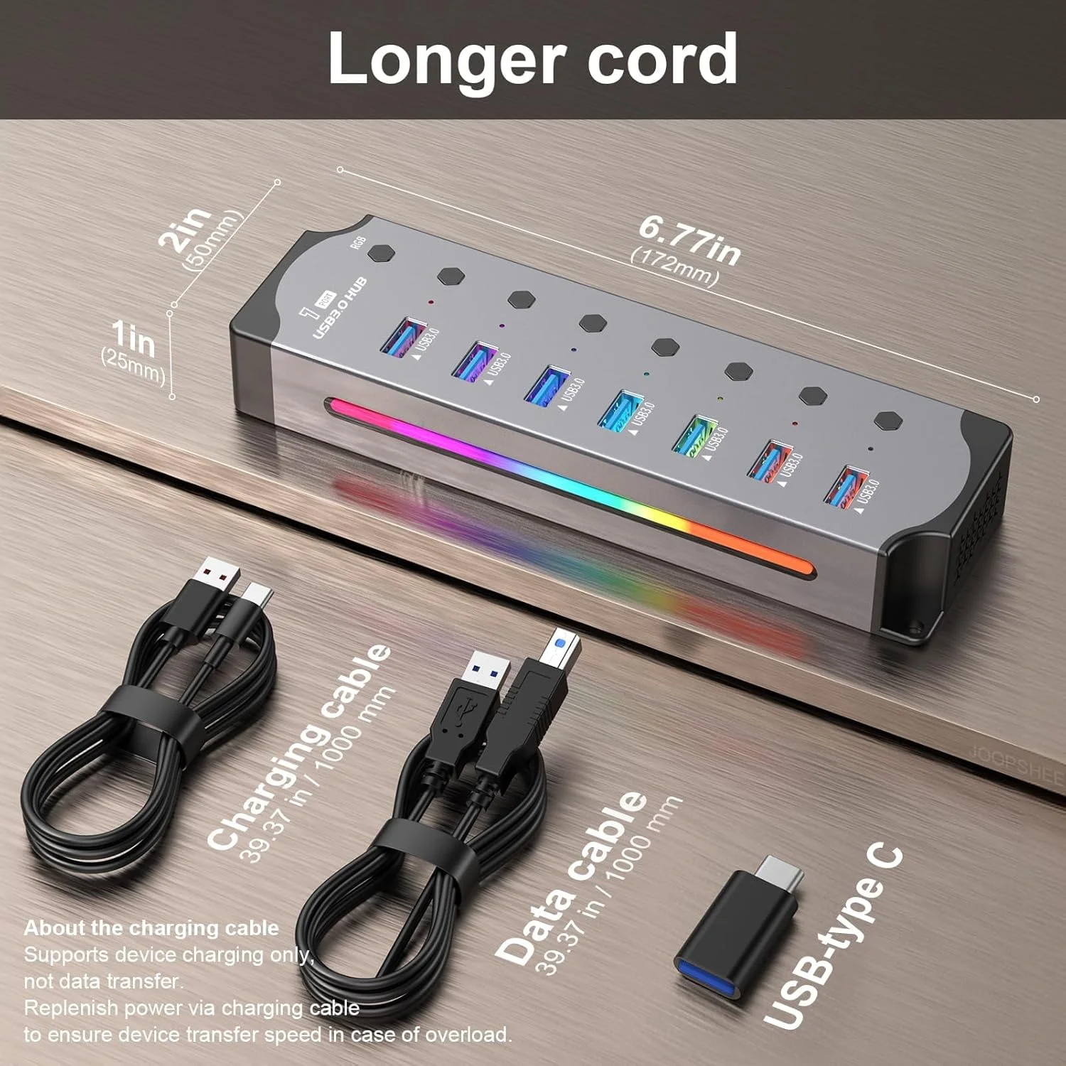 هاب USB 3.0 NALACAL، بدنه آلومینیومی 7 پورت اسپلیتر با سوئیچ های روشن/خاموش LED جداگانه، کابل 1 متری برای لپ تاپ/کامپیوتر/فلش درایو/آداپتور هارد دیسک موبایل، مناسب برای مک بوک و غیره.