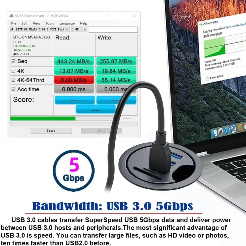 هاب رومیزی USB 3.0 NALACAL، هاب USB 3.0، درگاه SD TF USB-C 2، ایستگاه داک اسپلیتر دریچه 60 میلی‌متری، کارت‌خوان Micro-SD، دریچه سوراخ USB C / 1 USB 3.0