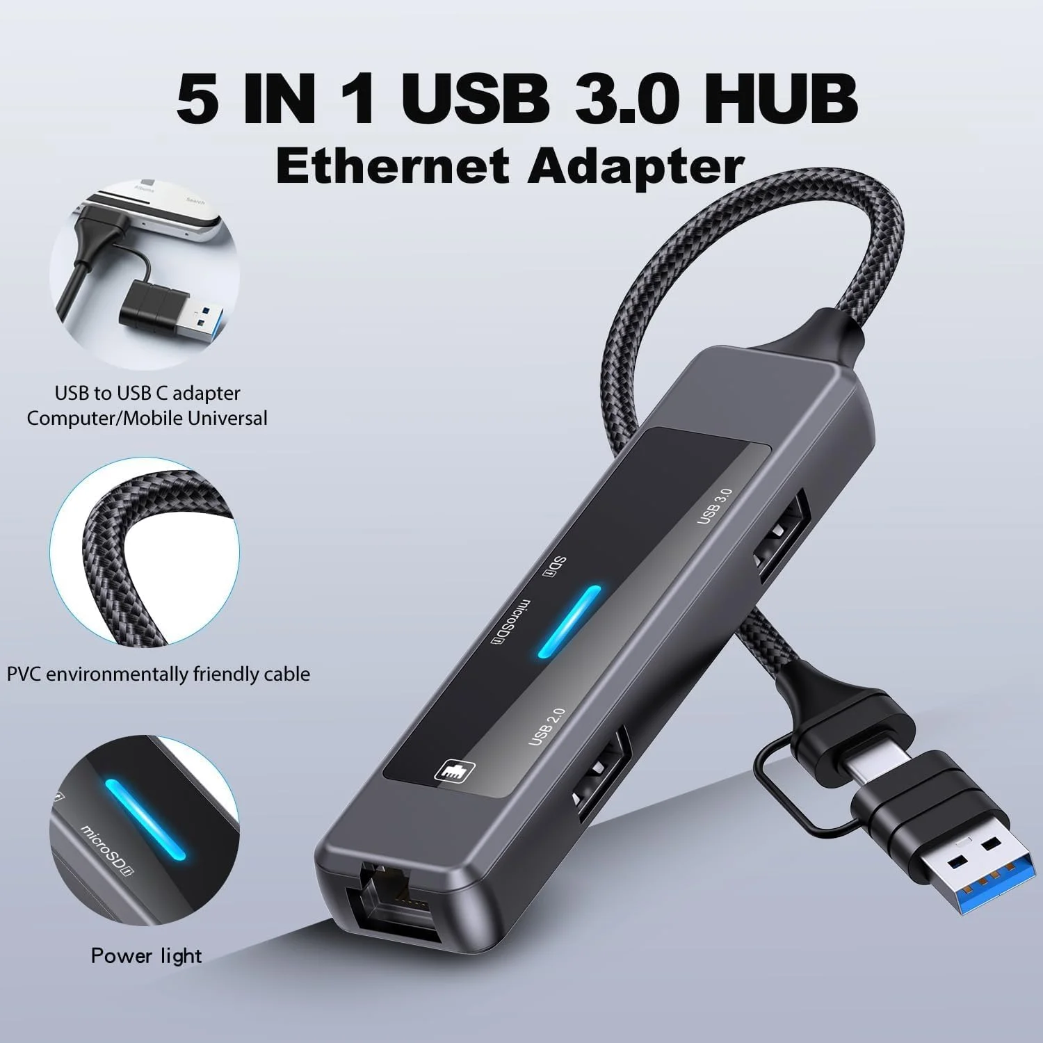 آداپتور هاب USB C نالاکال، دانگل ایستگاه داک چند پورت USB C، کارت خوان اترنت نوع USB C داک اسپلیتر 3.0 و 2.0، برای لپ تاپ مک بوک پرو ایر PC HP