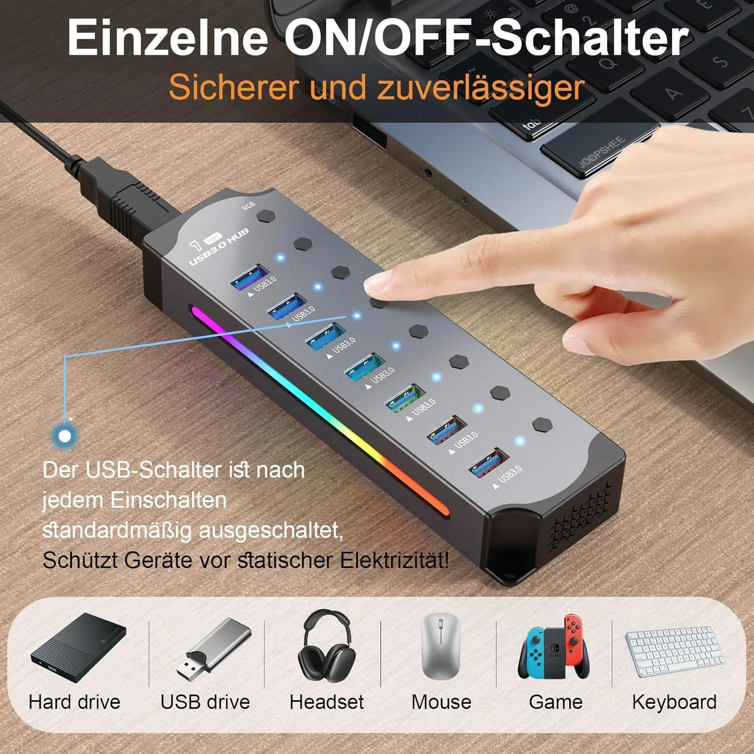 هاب USB 3.0 NALACAL، هاب اسپلیتر 7 پورت با بدنه آلومینیومی، دارای کلیدهای روشن/خاموش LED جداگانه، کابل 1 متری برای لپ تاپ/کامپیوتر/فلش درایو/هارد دیسک موبایل هاب USB 3.0 NALACAL، هاب اسپلیتر 7 پورت با بدنه آلومینیومی، دارای کلیدهای روشن/خاموش LED جداگانه، کابل 1 متری برای لپ تاپ/کامپیوتر/فلش درایو/هارد دیسک موبایل