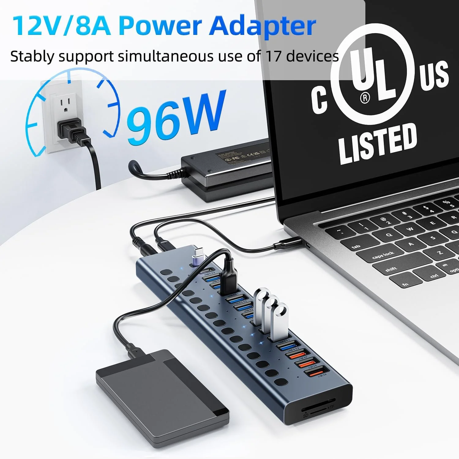 هاب USB پرقدرت 10 گیگابیت بر ثانیه، 17 پورت هاب USB 3.2 (10 پورت USB-A 3.2 + 3 پورت شارژ سریع QC 24W + 2 پورت USB-C 3.2 + کارت خوان SD/TF)، آداپتور برق 12V/8A برای لپ تاپ، کامپیوتر، هارد دیسک، فلش درایو