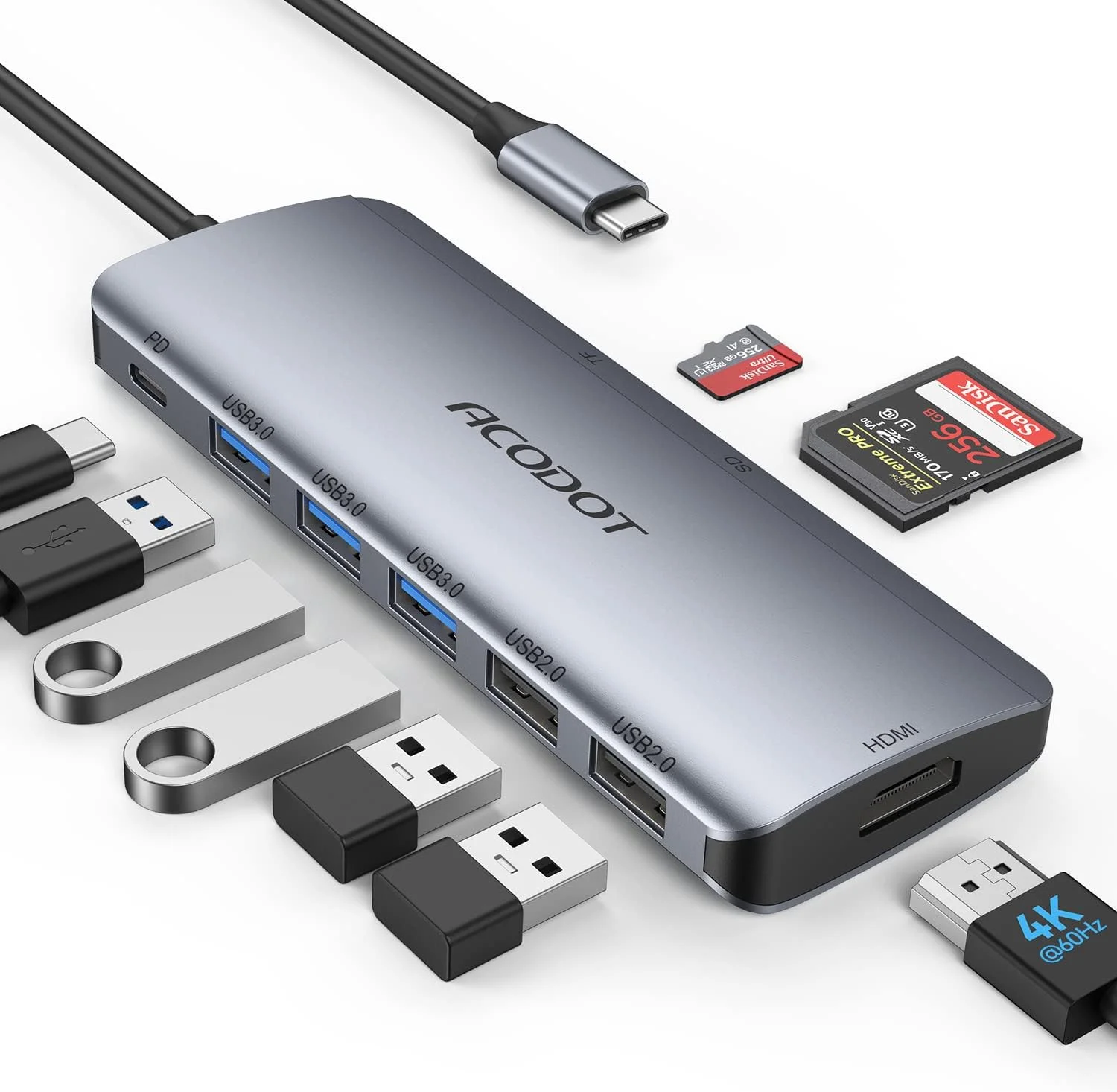هاب USB C، آکودات 9 در 1 آداپتور چند پورت USB C به HDMI 4K@60HZ، 3 پورت USB 3.0، کارت خوان SD/TF، پورت PD 100W، طراحی شده برای MacBook Pro Air HP XPS و سایر دستگاه های Type C