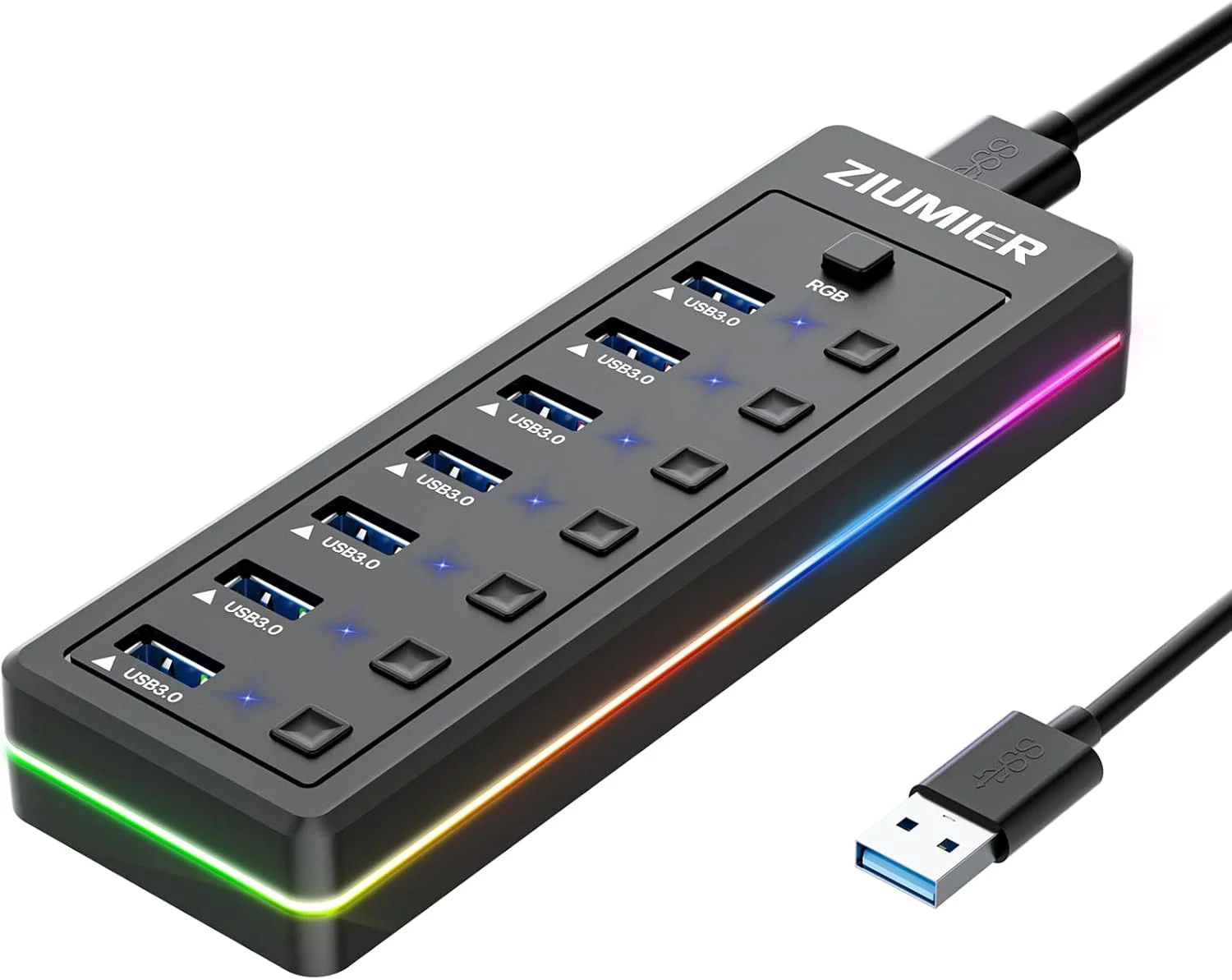هاب USB هفت پورت، هاب USB 3.0 با نوار LED RGB - پورت های انتقال داده USB 3.0، سوئیچ های روشن/خاموش LED جداگانه برای لپ تاپ، کامپیوتر، ماوس، کیبورد، هارد دیسک یا سایر دستگاه های USB.