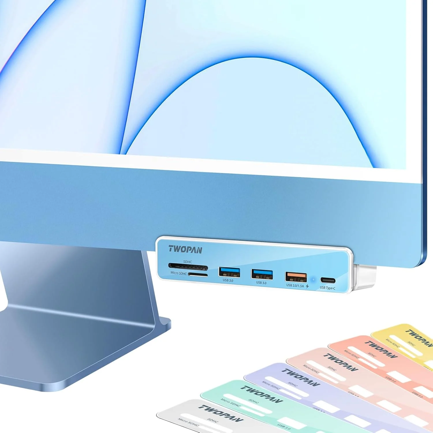 هاب USB C آداپتور چند پورت برای iMac M4/M3/M1، هاب پورت USB C شش در یک iMac 2024/2023/2021 با پورت های USB 3.0، کارت خوان های SD/Micro SD و 7 پنل رنگی