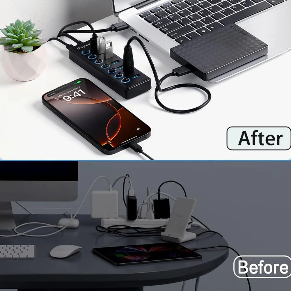 هاب USB 3.0 با سرعت فوق العاده، دارای کابل 1 متری، 7 پورت با کلیدهای روشن/خاموش جداگانه و چراغ LED هاب USB 3.0 با سرعت فوق العاده، دارای کابل 1 متری، 7 پورت با کلیدهای روشن/خاموش جداگانه و چراغ LED