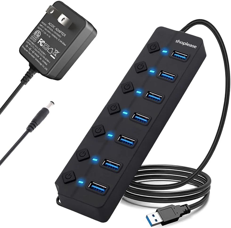 اسپلیتر USB 3.0 با آداپتور برق 5V/2A، هاب 7 پورت USB 3.0 با سوئیچ های برق و چراغ های جداگانه، هاب داده قابل حمل با کابل 120 سانتی متری برای ویندوز، ویستا، XP، لینوکس، مک OS X