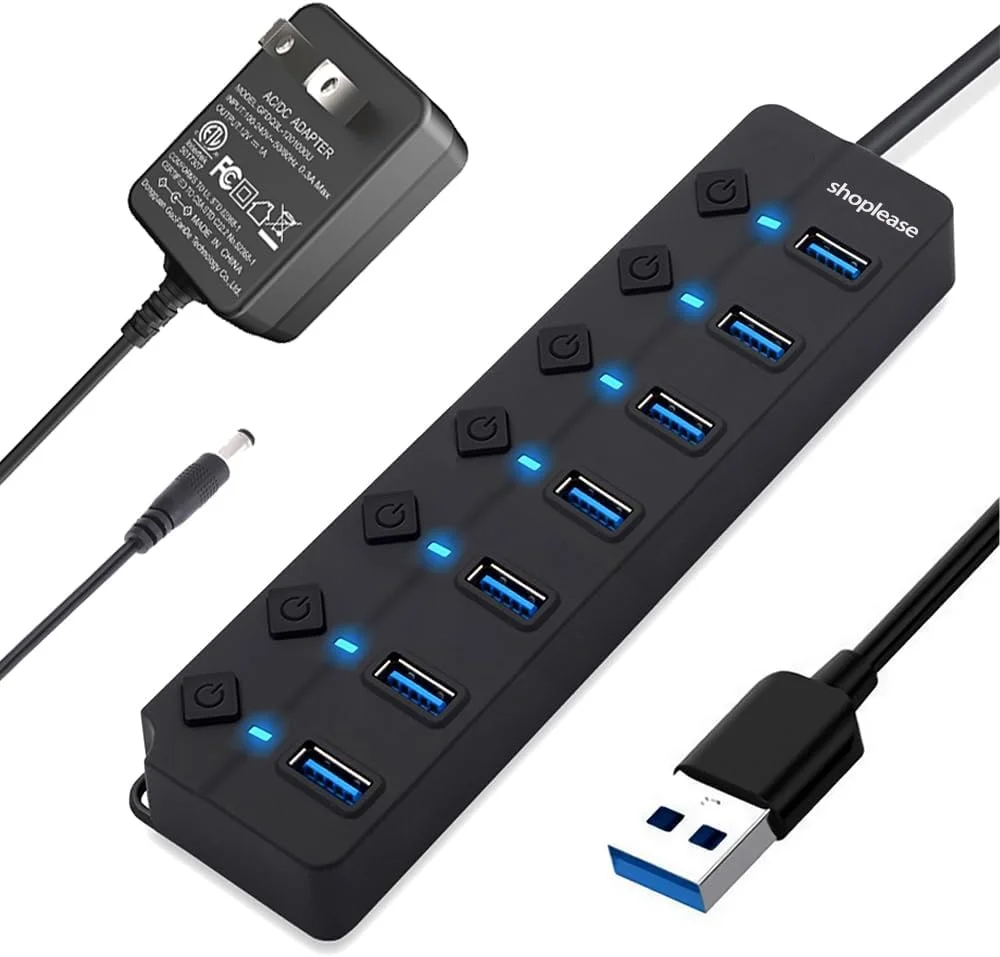 اسپلیتر USB 3.0، هاب USB 3.0 با 7 پورت با سوئیچ های برق و چراغ های جداگانه، هاب داده قابل حمل با آداپتور برق 5V/2A برای ویندوز 10، 8.1، 8، 7، ویستا، XP، لینوکس، Mac OS X