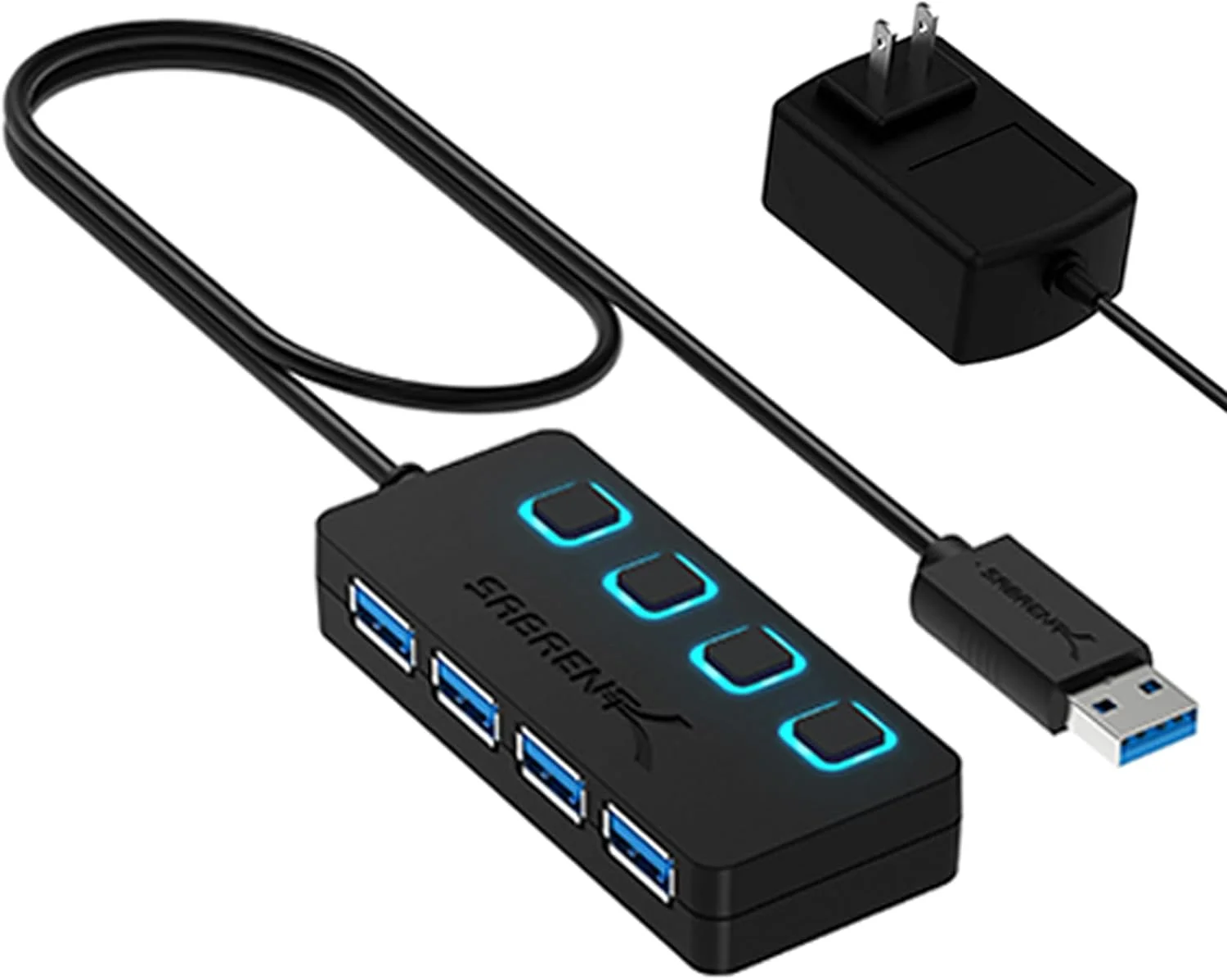 هاب ۴ پورت USB 3.0 سابرنت با کلیدهای روشن/خاموش جداگانه دارای LED و آداپتور برق 5V/2.5A (HB-UMP3)