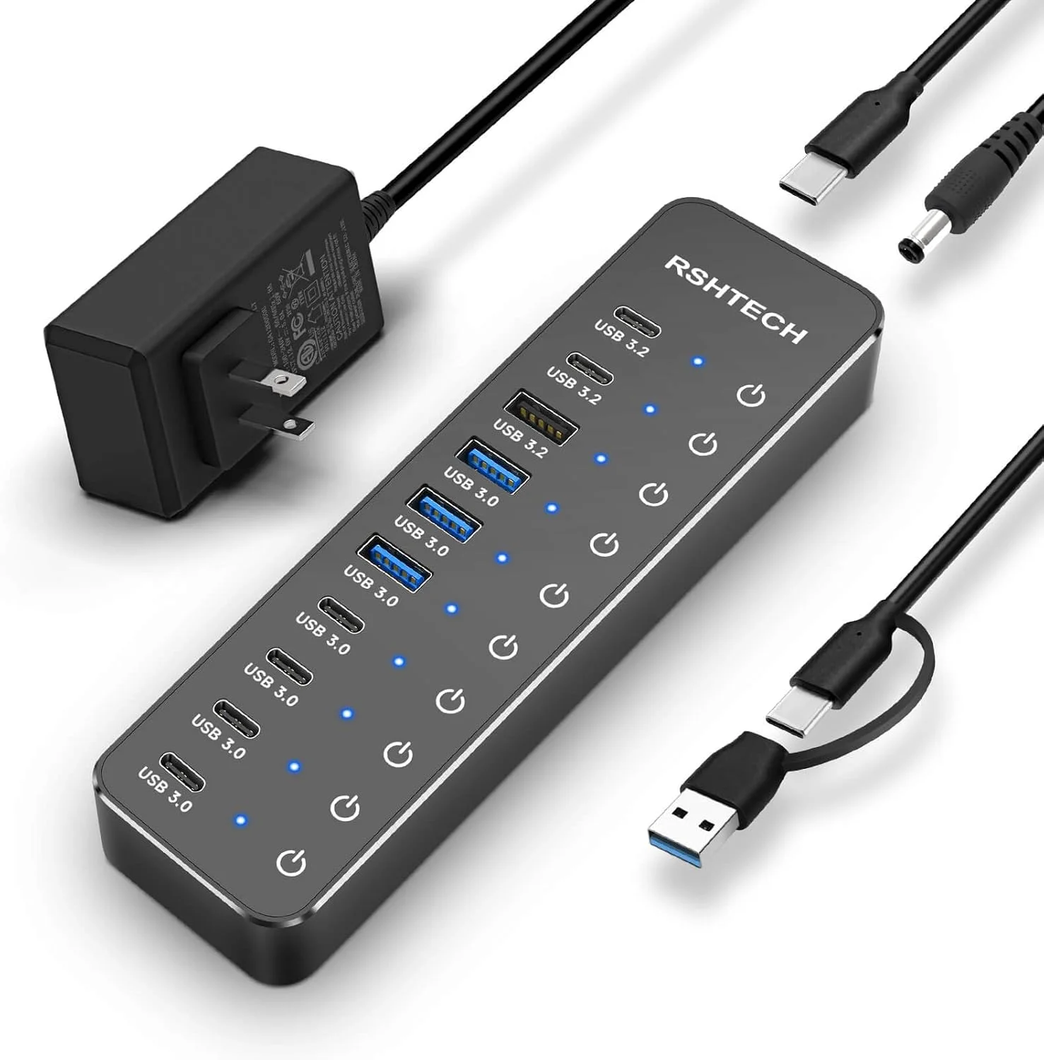هاب ۱۰ پورت USB 3.2/USB C با آداپتور ۶۰ واتی، دارای ۳ پورت USB 3.2 با سرعت ۱۰ گیگابیت بر ثانیه (۲ عدد Type-C + ۱ عدد Type-A)، ۷ پورت USB 3.0 (۴ عدد Type-C + ۳ عدد Type-A)، کابل ۱ متری و سوئیچ لمسی جداگانه برای لپ تاپ و کامپیوتر