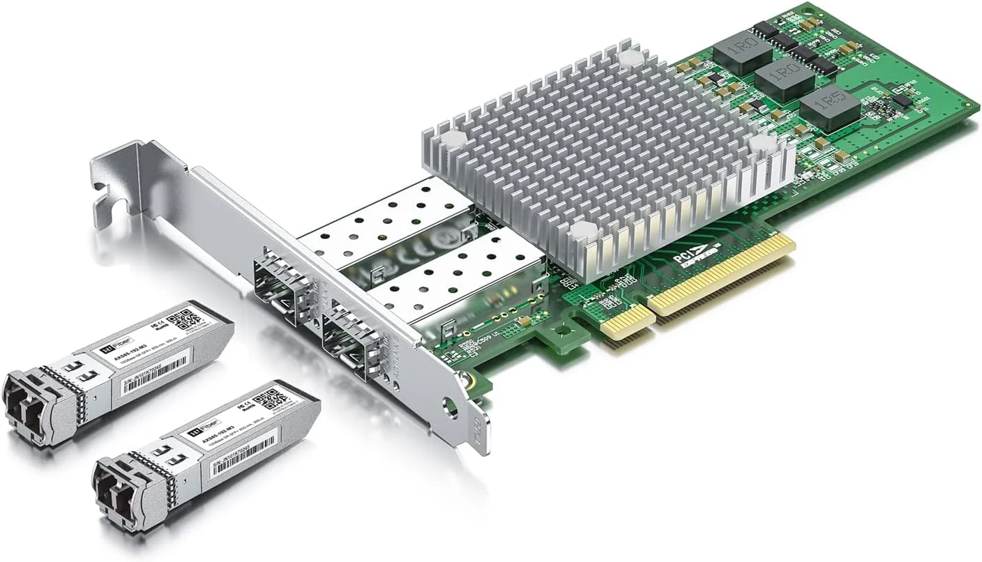 کارت شبکه 10Gb SFP+ به همراه 2 عدد ماژول 10G Single Mode SFP+ LC، تراشه Broadcom BCM57810S، پورت SFP+ دوگانه، PCI Express X8، پشتیبانی از Windows Server /Linux/VMware