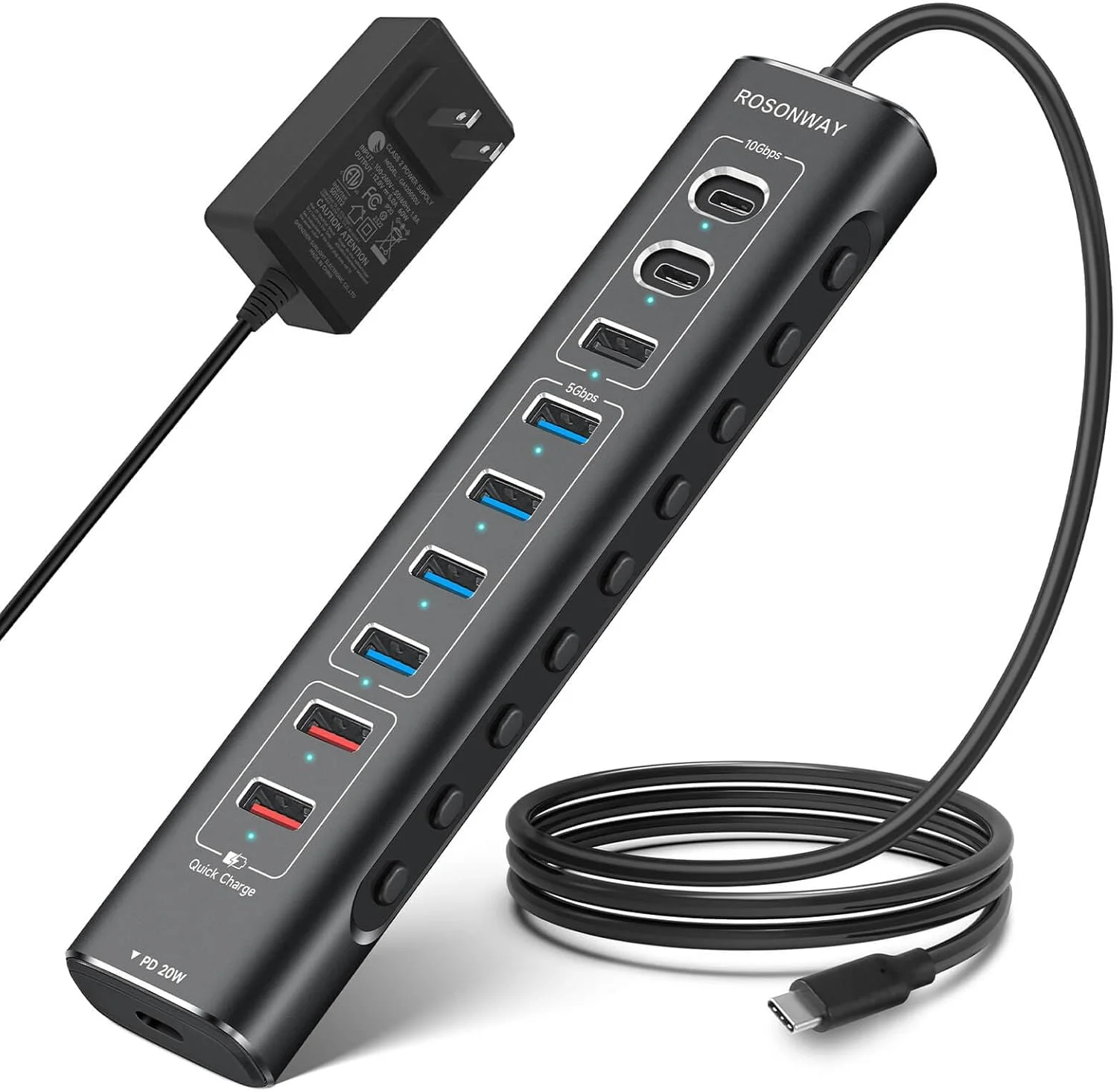 هاب 10 پورت USB 3.2/USB C روسون وی 60W با 3 پورت USB-3.2 با سرعت 10 گیگابیت بر ثانیه (2C + 1A)، 4 پورت داده USB 3.0، 1 پورت USB-C PD و 2 پورت شارژ سریع USB-A، اسپلیتر آلومینیومی USB برای لپ تاپ/کامپیوتر، مدل RSH-A10QPD