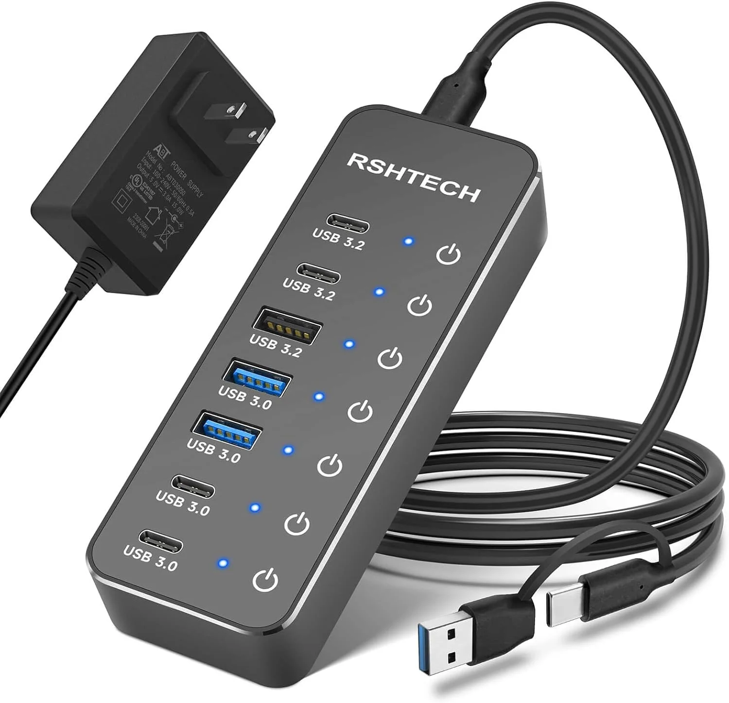 هاب اسپلیتر USB 3.2/USB-C با 7 پورت و آداپتور برق 5 ولت، دارای 3 پورت USB 3.2 با سرعت 10 گیگابیت بر ثانیه (2C + 1A)، 4 پورت USB 3.0 (2C + 2A)، کابل 3.3 فوتی و کلیدهای لمسی برای لپ تاپ و کامپیوتر