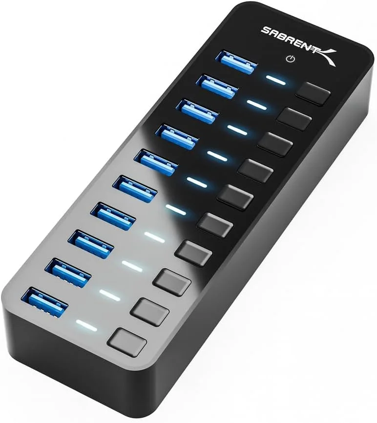 هاب 10 پورت USB 3.0 سابرنت 60 واتی با کلیدهای روشن/خاموش جداگانه و LED، شامل آداپتور برق 60 واتی 12 ولت/5 آمپر (HB-BU10)