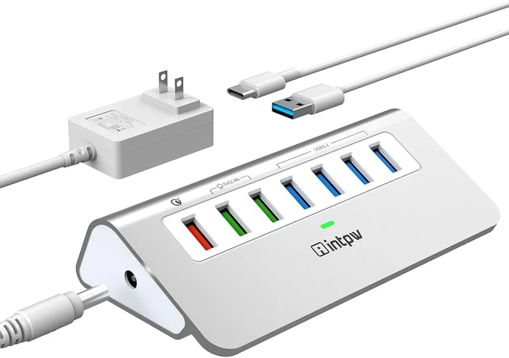 هاب USB پرقدرت 10Gbps، هاب آلومینیومی 7 پورت USB 3.2 با 4 پورت USB 3.2 Gen 2، 3 پورت شارژ سریع، آداپتور برق 30 واتی، کابل Type A & C برای مک، کامپیوتر، لپ تاپ