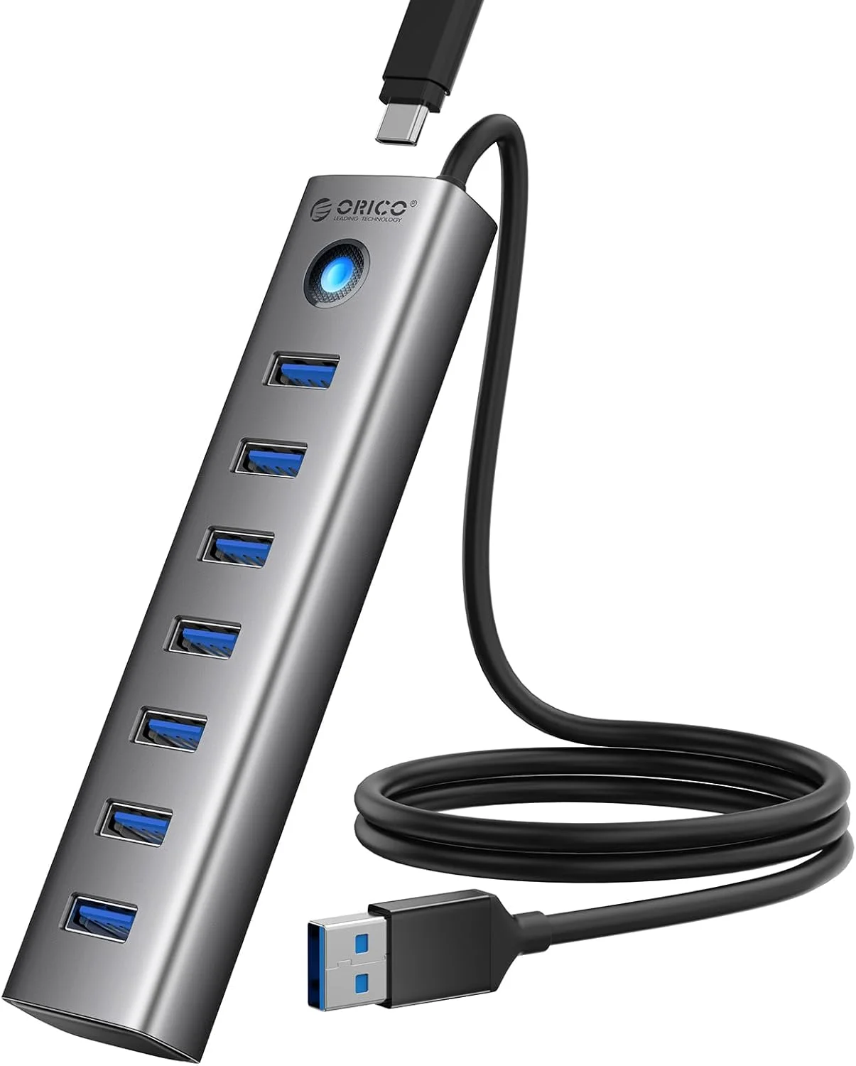 هاب آلومینیومی 7 پورت USB اوریکو با کابل 1 متری، هاب USB 3.0 چندگانه، انتقال داده 5 گیگابیت بر ثانیه، پورت Type-C 5V 3A، اسپلیتر UBS-A برای کامپیوتر، لپ تاپ، دسکتاپ