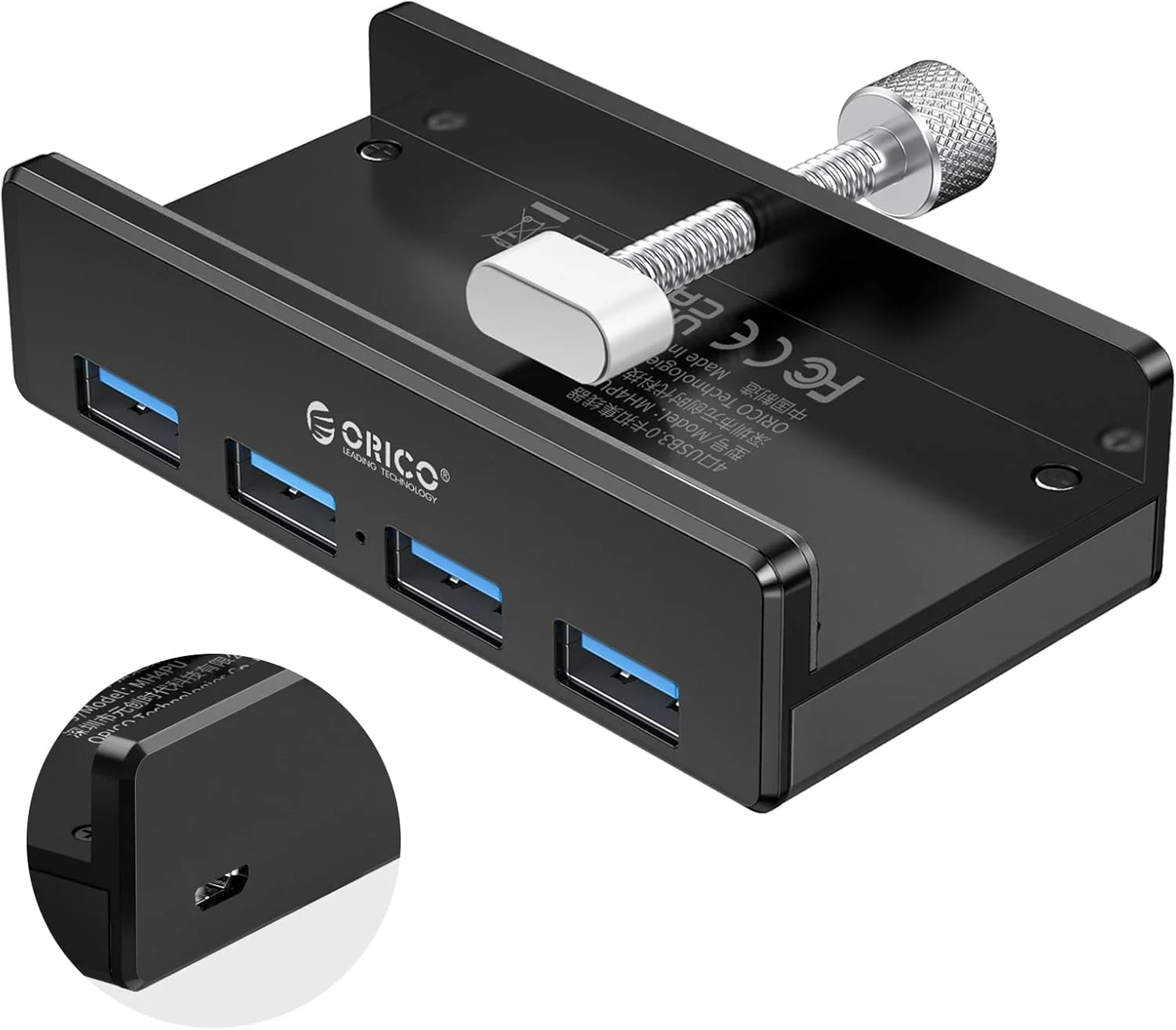 هاب USB 3.0 اوریکو، هاب گیره دار USB، اسپلیتر آلومینیومی 4 پورت USB با پورت منبع تغذیه اضافی و کابل داده USB 4.92 فوت، هاب USB رومیزی برای مانیتورها/میزها - مشکی (بدون آداپتور برق)