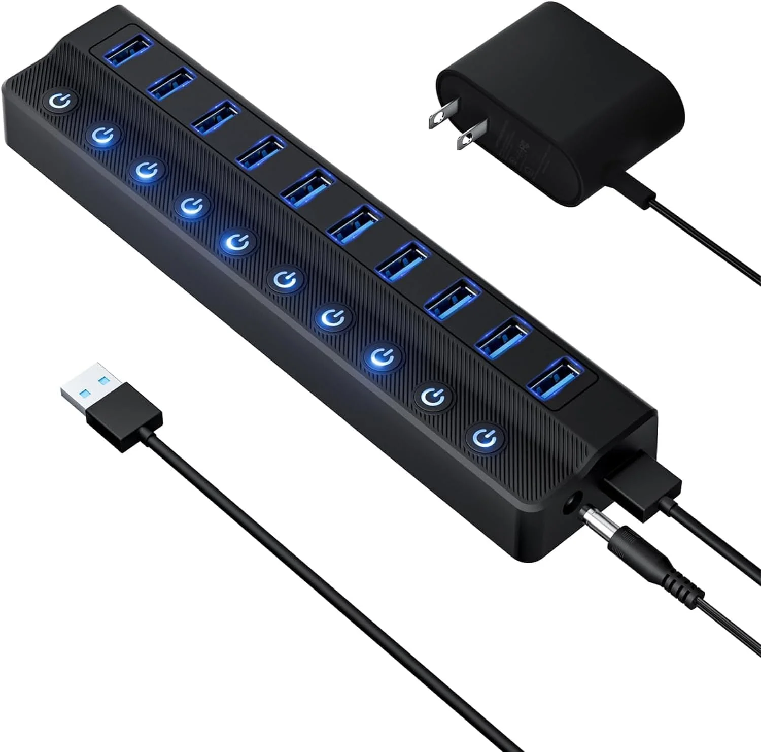 هاب USB 3.0 با منبع تغذیه، هاب تقسیم کننده USB ده پورت با سوئیچ های روشن/خاموش جداگانه و آداپتور برق 12V/2A