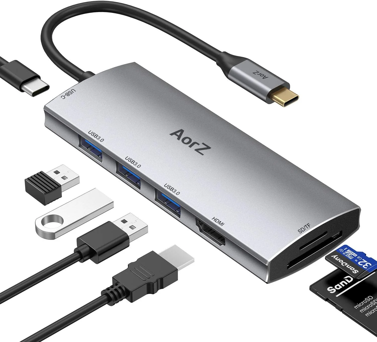 هاب USB C، آداپتور دانگل USB C چند پورت AorZ 7 در 1 با خروجی 4K HDMI، 3 پورت USB 3.0، کارت خوان SD/Micro SD، 100W PD، سازگار با MacBook Pro Air HP XPS و سایر دستگاه های Type C