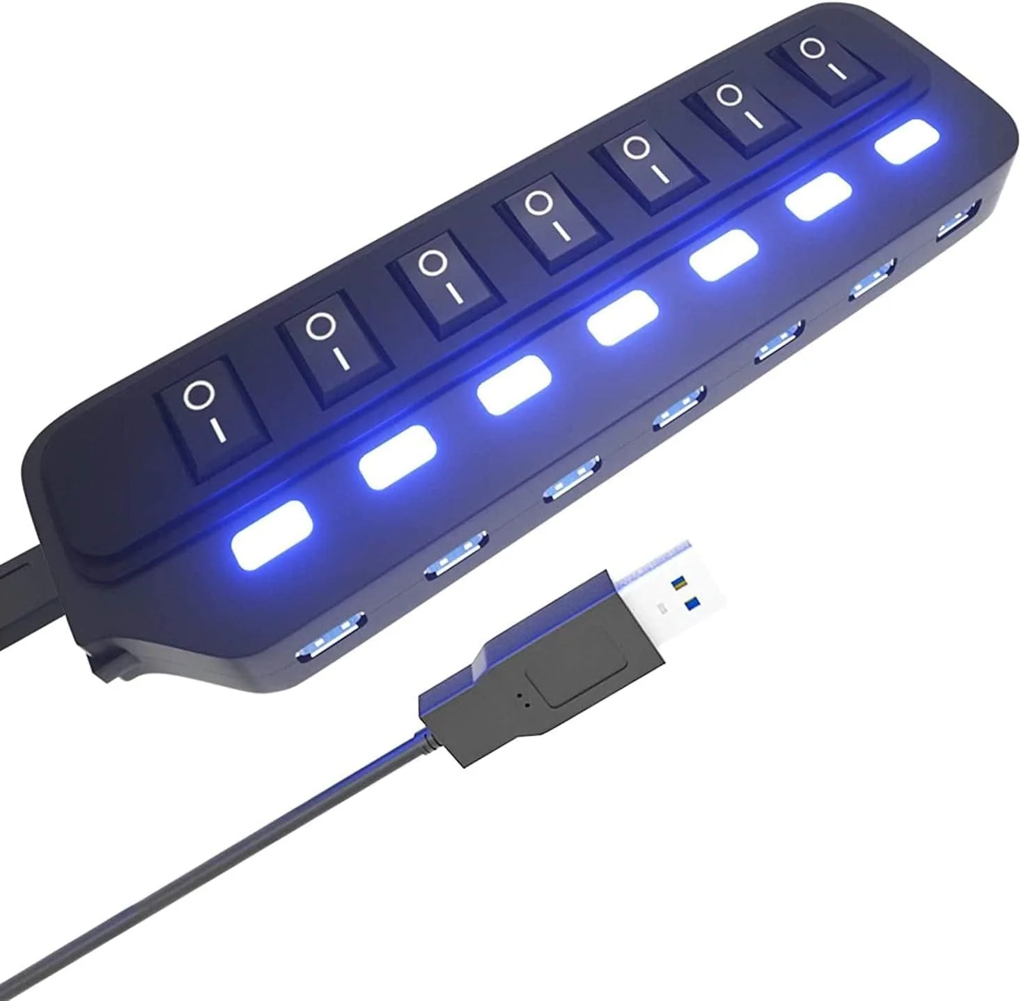 هاب USB 3.0، اسپلیتر هاب USB 7 پورت با کلیدهای LED روشن/خاموش جداگانه، توسعه دهنده USB با سرعت بالا 5 گیگابیت بر ثانیه برای لپ تاپ، iMac، فلش مموری USB، هارد دیسک موبایل، پرینتر، دوربین و موارد دیگر