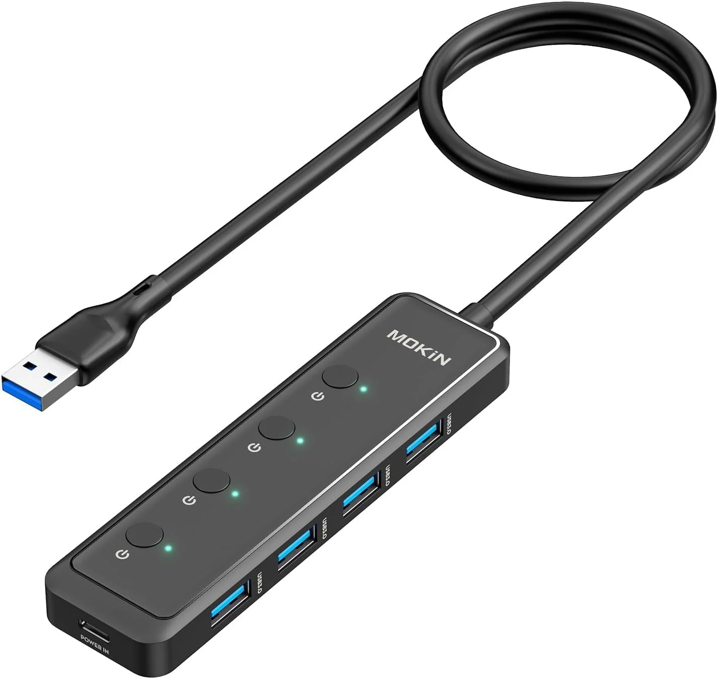 هاب USB 3.0 موکین، توسعه دهنده USB باریک با 5 پورت با 4 پورت USB A 3.0 + پورت برق USB C برای لپ تاپ، کروم بوک، دل ایسر و غیره، کابل توسعه یافته 2 فوتی…