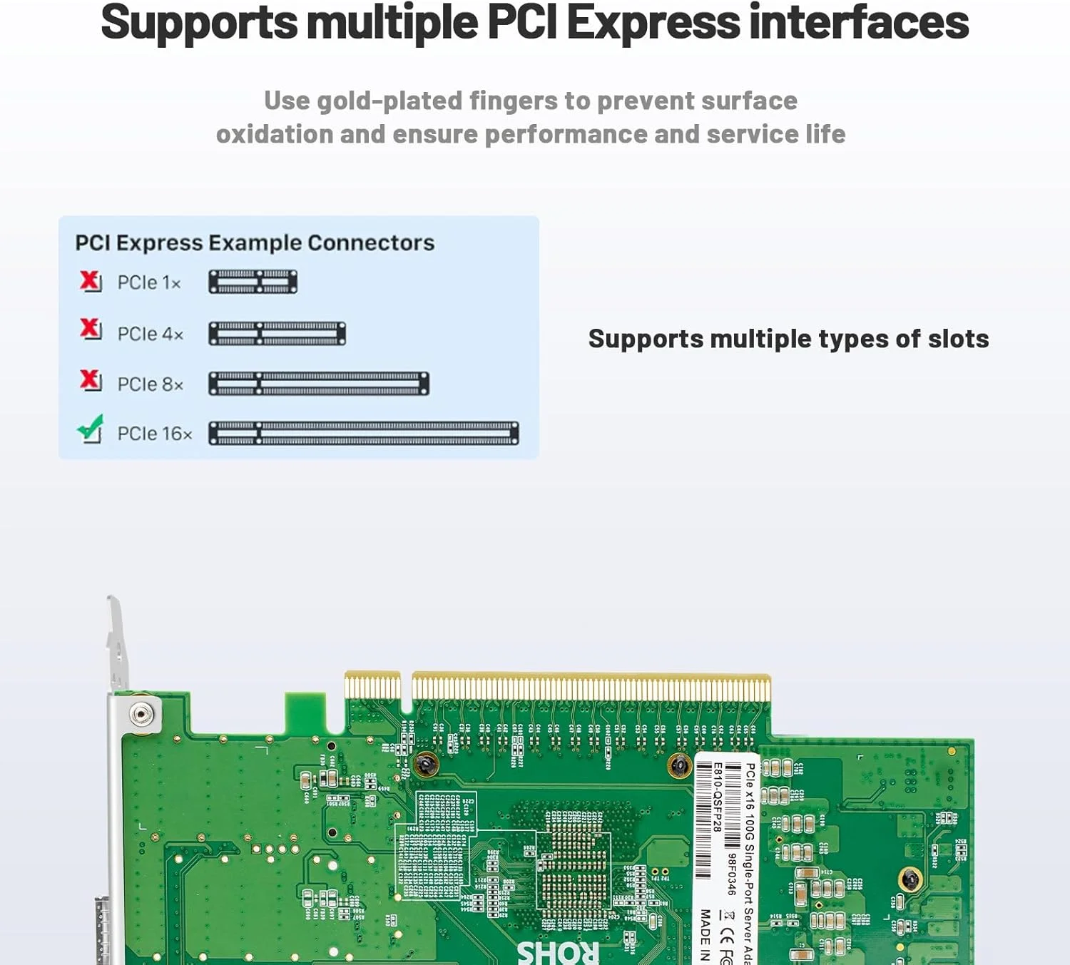 کارت شبکه فیبر نوری 100 گیگابیت با تراشه Intel E810 مدل QDA1BLK، آداپتور اترنت تک پورت QSFP28، PCIE X16، پشتیبانی از Windows/Linux/Ubuntu (همراه با 1 عدد ماژول نوری تک حالته)